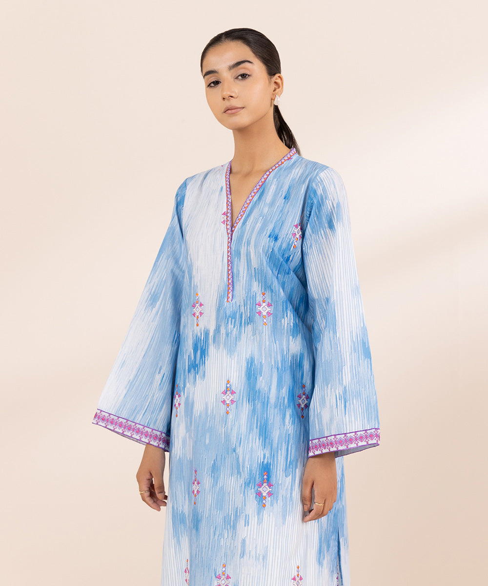 Women's Pret Cambric Blue Printed Embroidered Straight Shirt