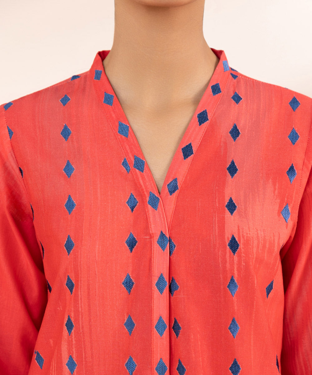 Women's Pret Cambric Red Printed Embroidered A-Line Shirt