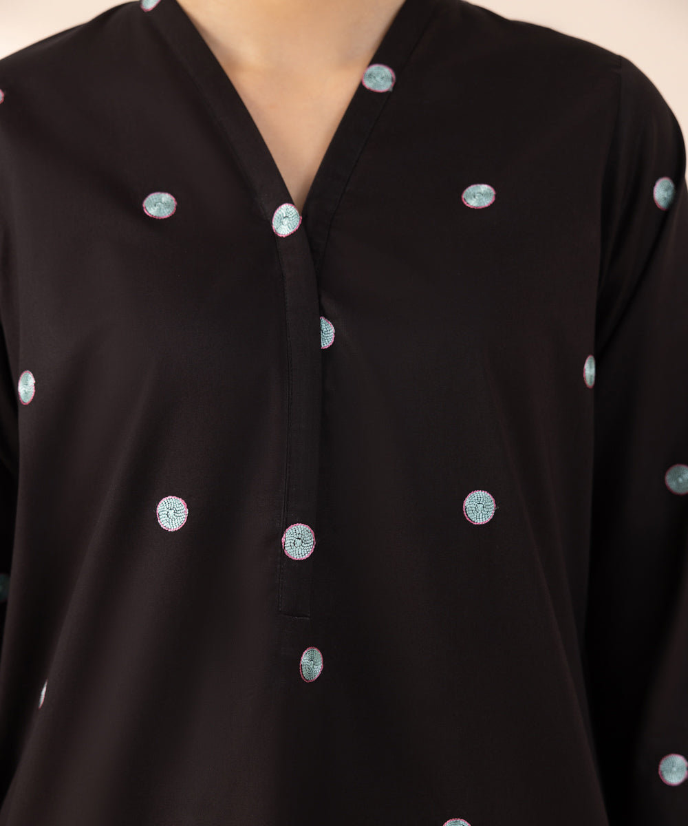 Women's Pret Cambric Black Solid Embroidered Straight Shirt