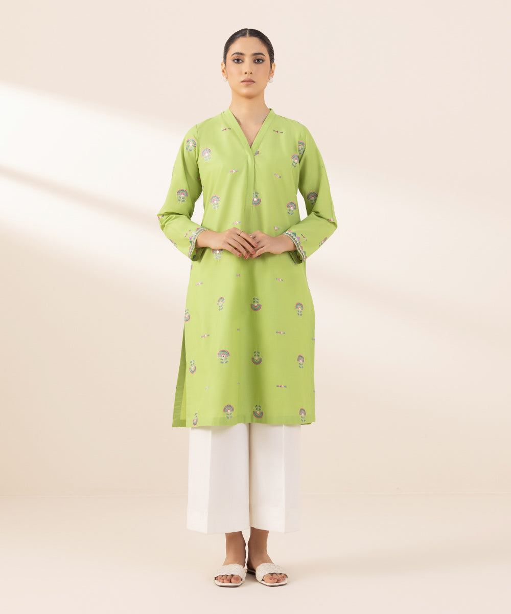 Women's Pret Cambric Green Solid Embroidered A-Line Shirt