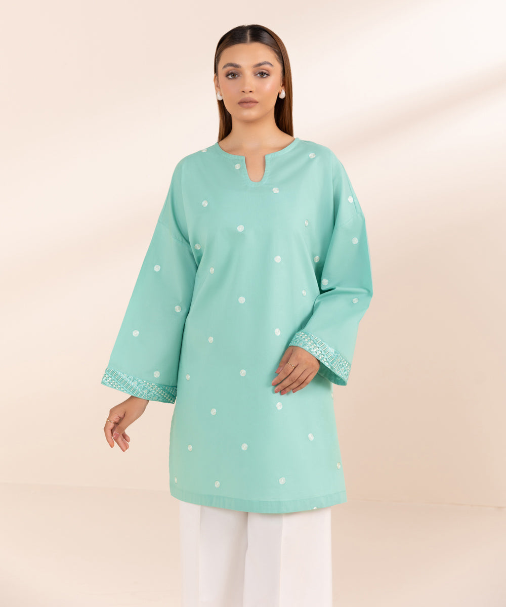 Women's Pret Cambric Blue Solid Embroidered Boxy Shirt