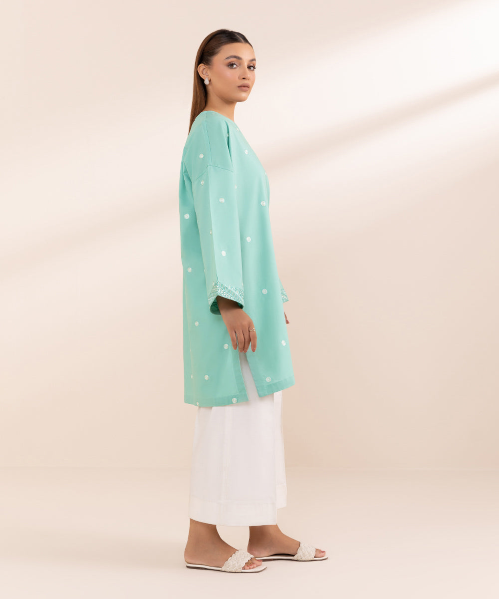 Women's Pret Cambric Blue Solid Embroidered Boxy Shirt