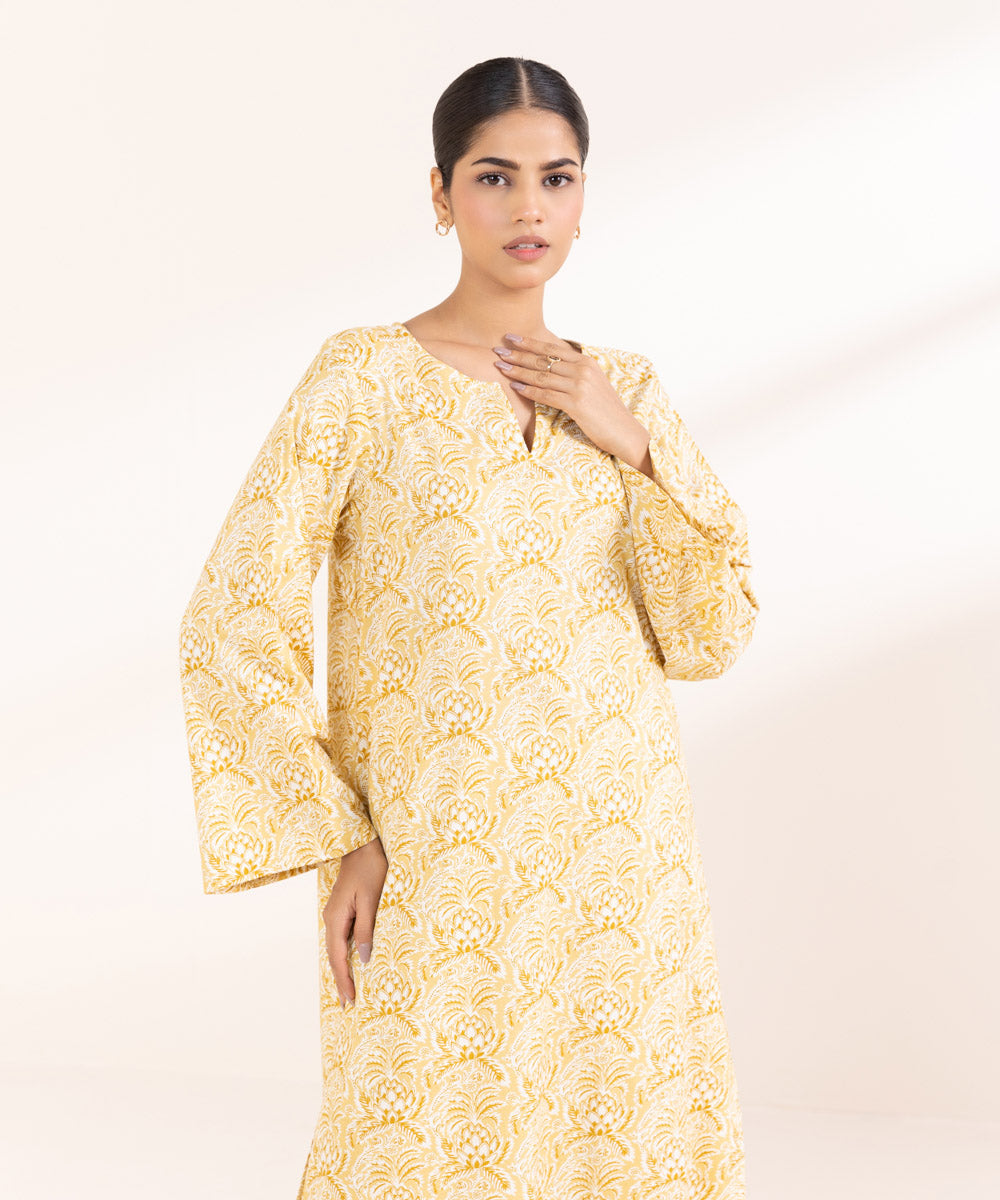 Women's Pret Cotton Viscose Printed Yellow A-Line Shirt