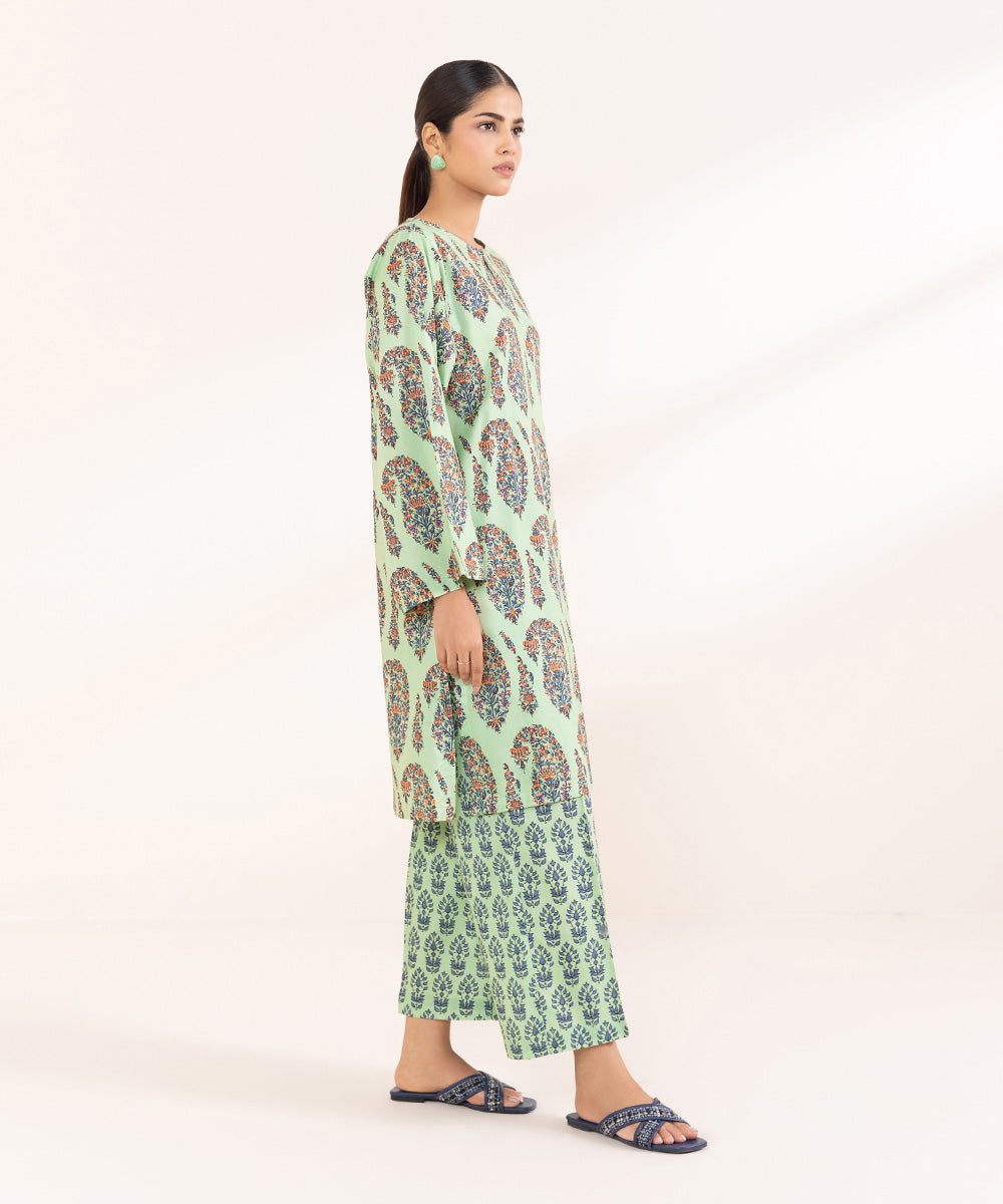 Women's Pret Cotton Viscose Printed Green Boxy Shirt