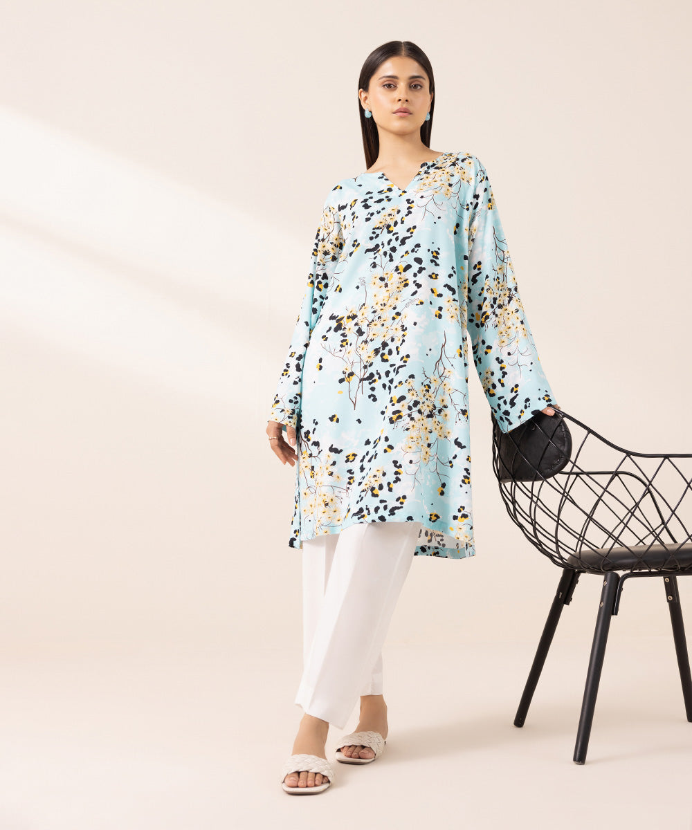 Women's Pret Arabic Lawn Printed Blue Boxy Shirt