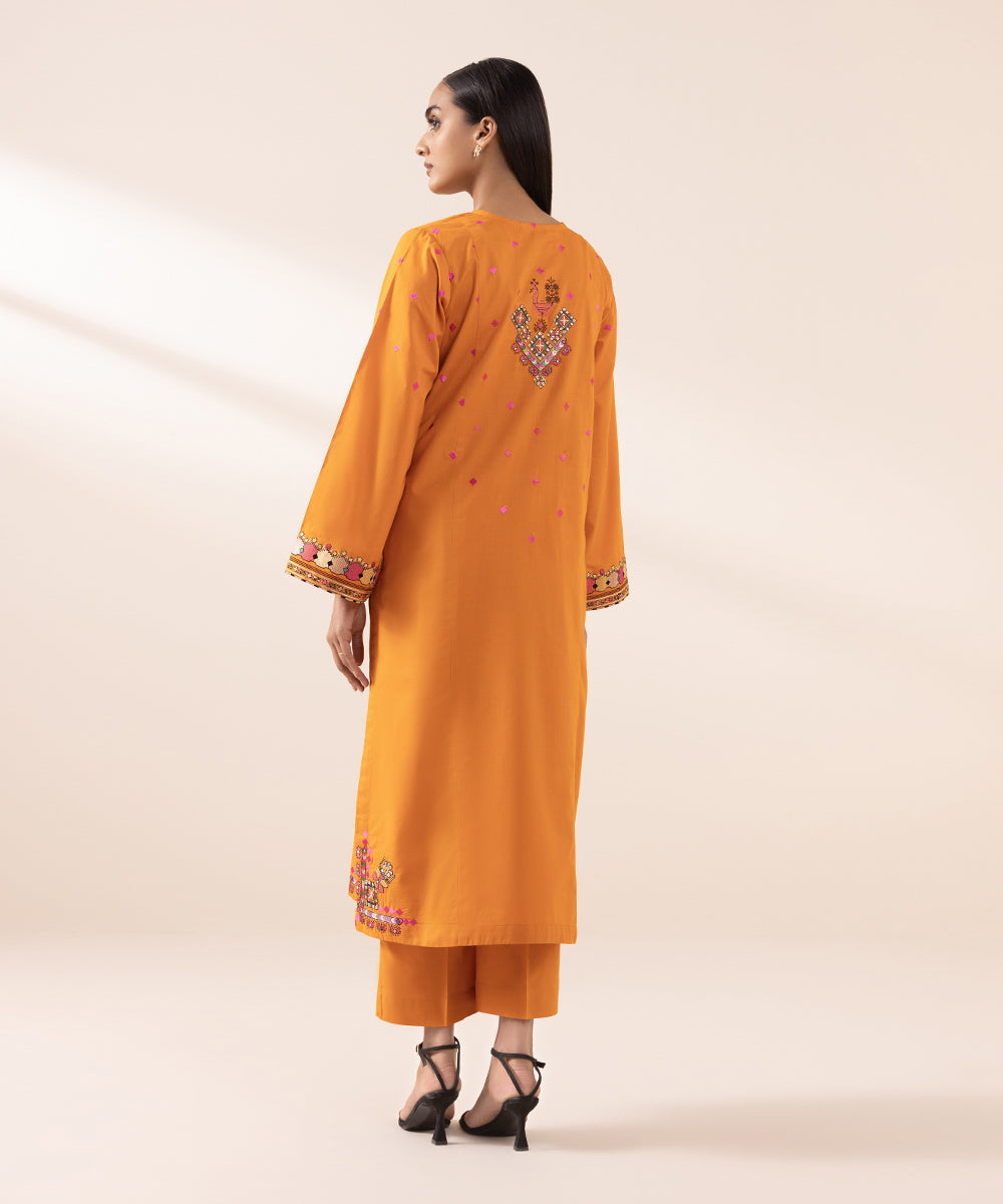 Women's Pret Cambric Orange Embroidered A-Line Shirt