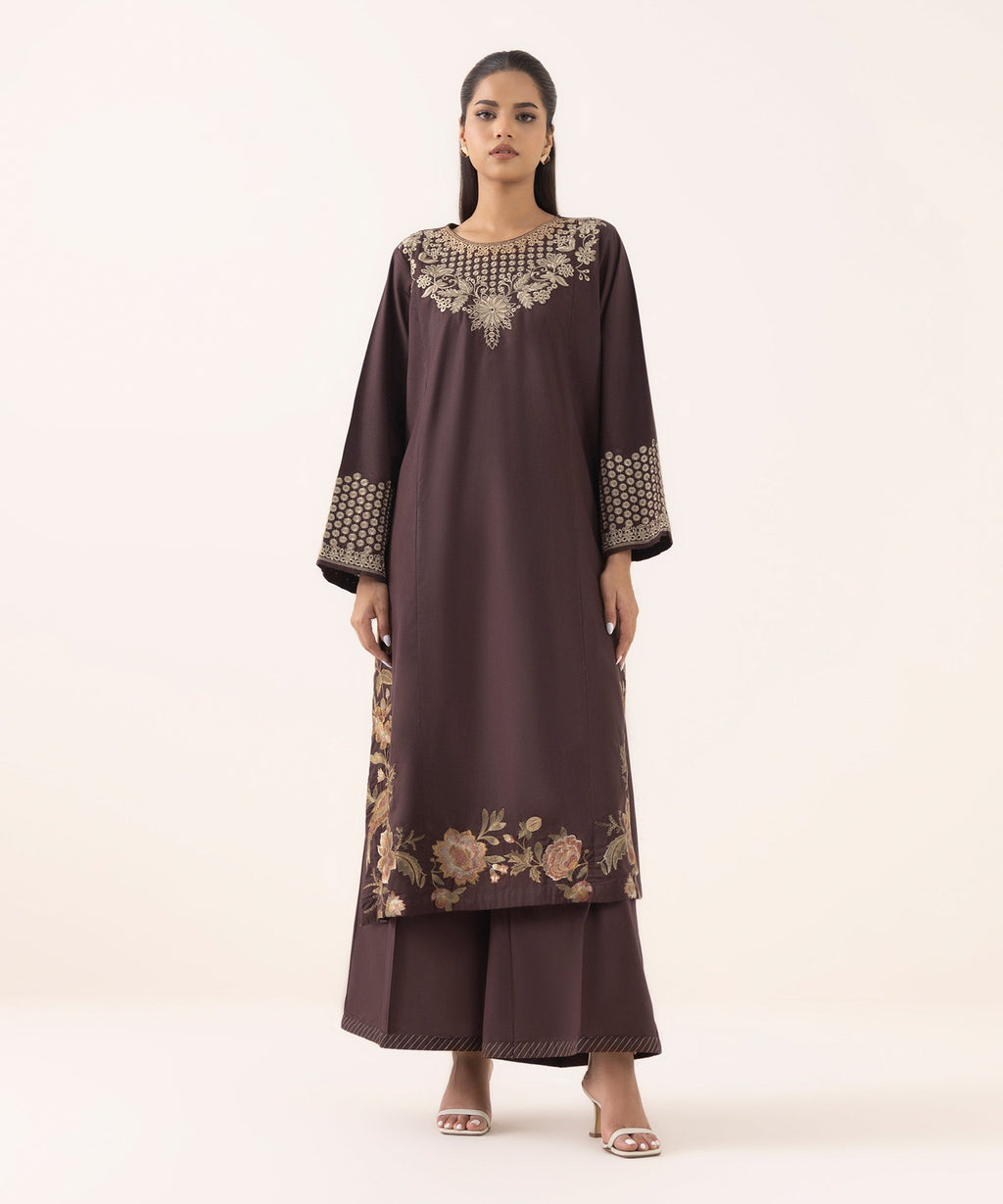 Women's RTW Cambric Brown Embroidered A-Line Shirt
