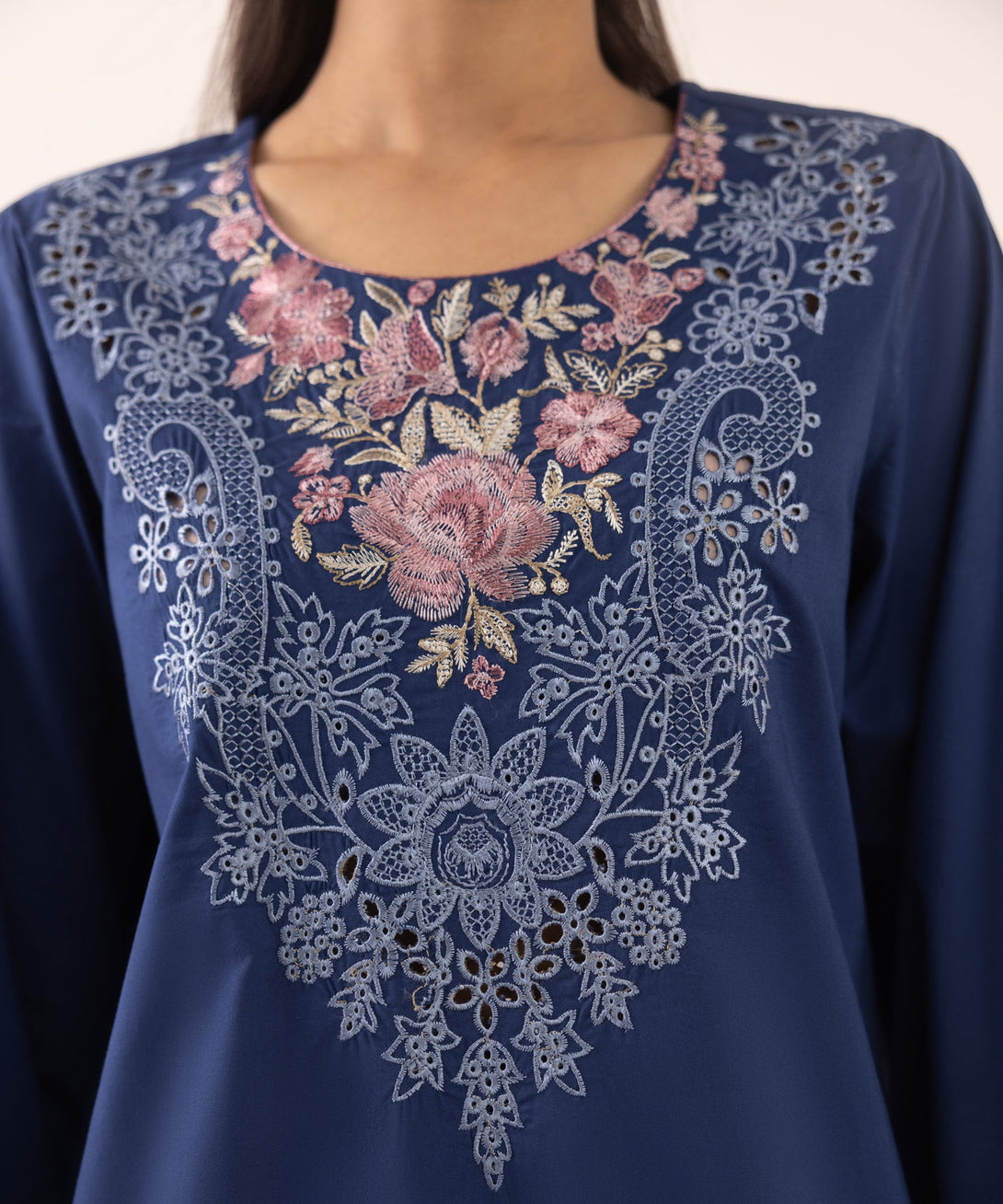 Women's RTW Cambric Blue Embroidered A-Line Shirt