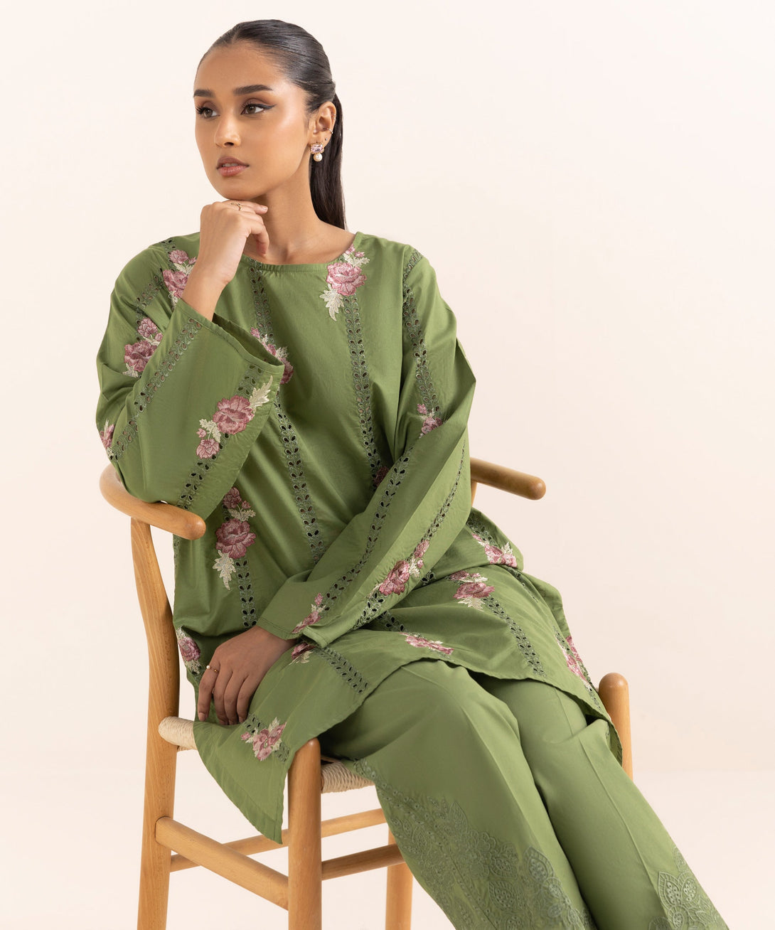 Women's RTW Cambric Green Embroidered A-Line Shirt