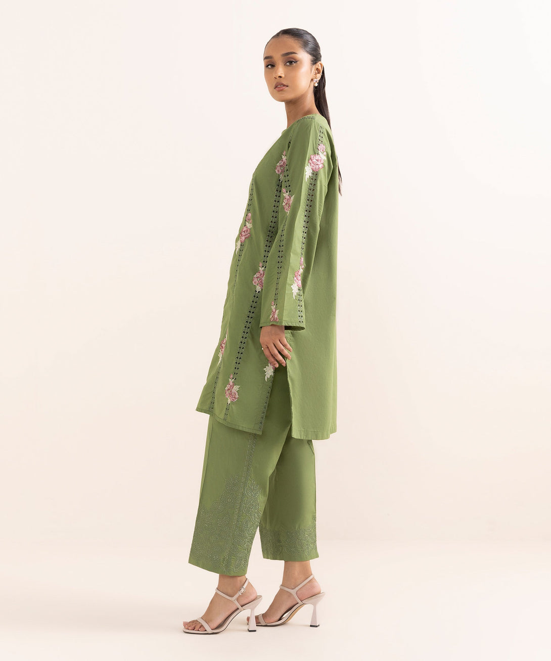 Women's RTW Cambric Green Embroidered A-Line Shirt