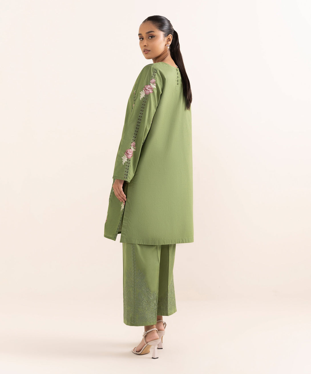 Women's RTW Cambric Green Embroidered A-Line Shirt