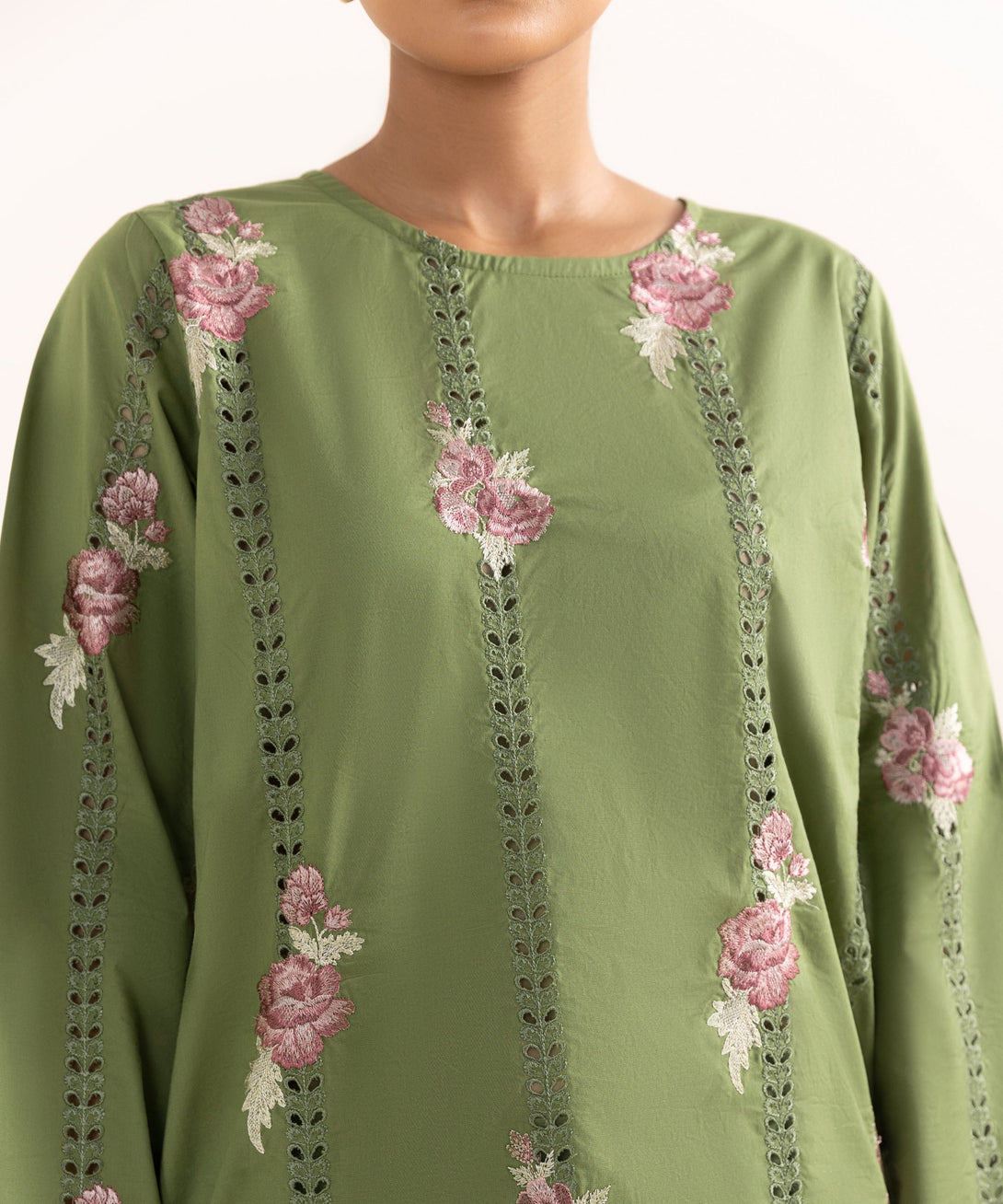 Women's RTW Cambric Green Embroidered A-Line Shirt