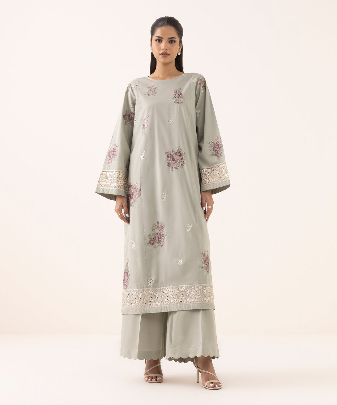 Women's RTW Cambric Grey Embroidered A-Line Shirt