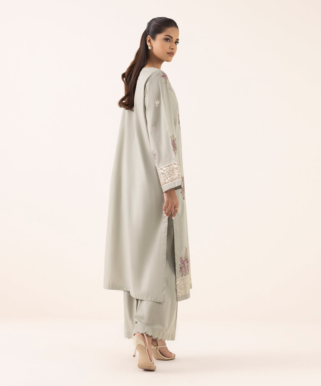 Women's RTW Cambric Grey Embroidered A-Line Shirt