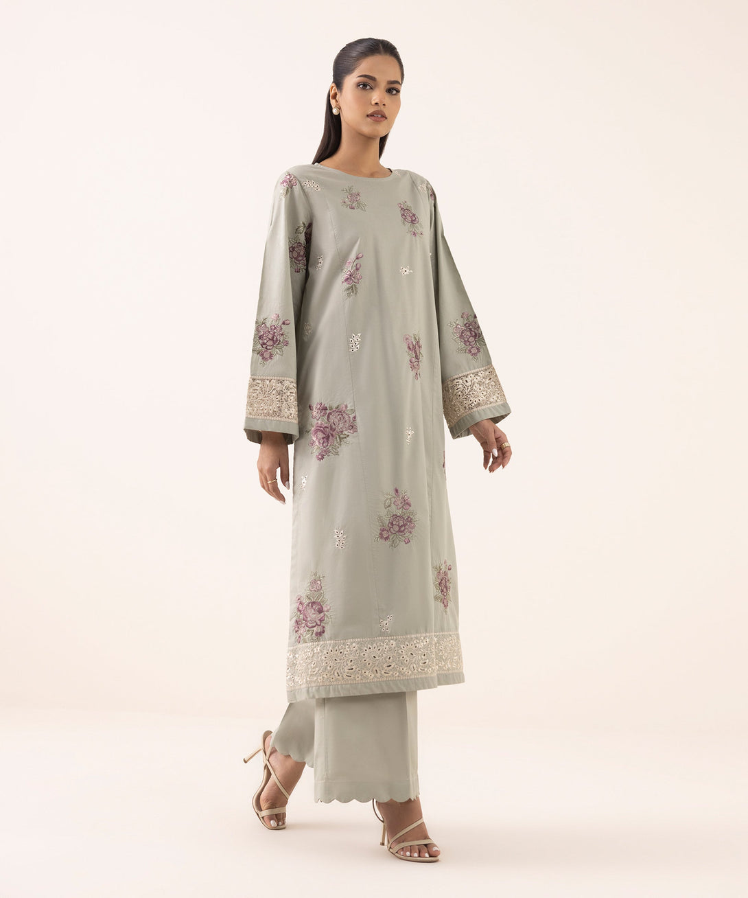 Women's RTW Cambric Grey Embroidered A-Line Shirt