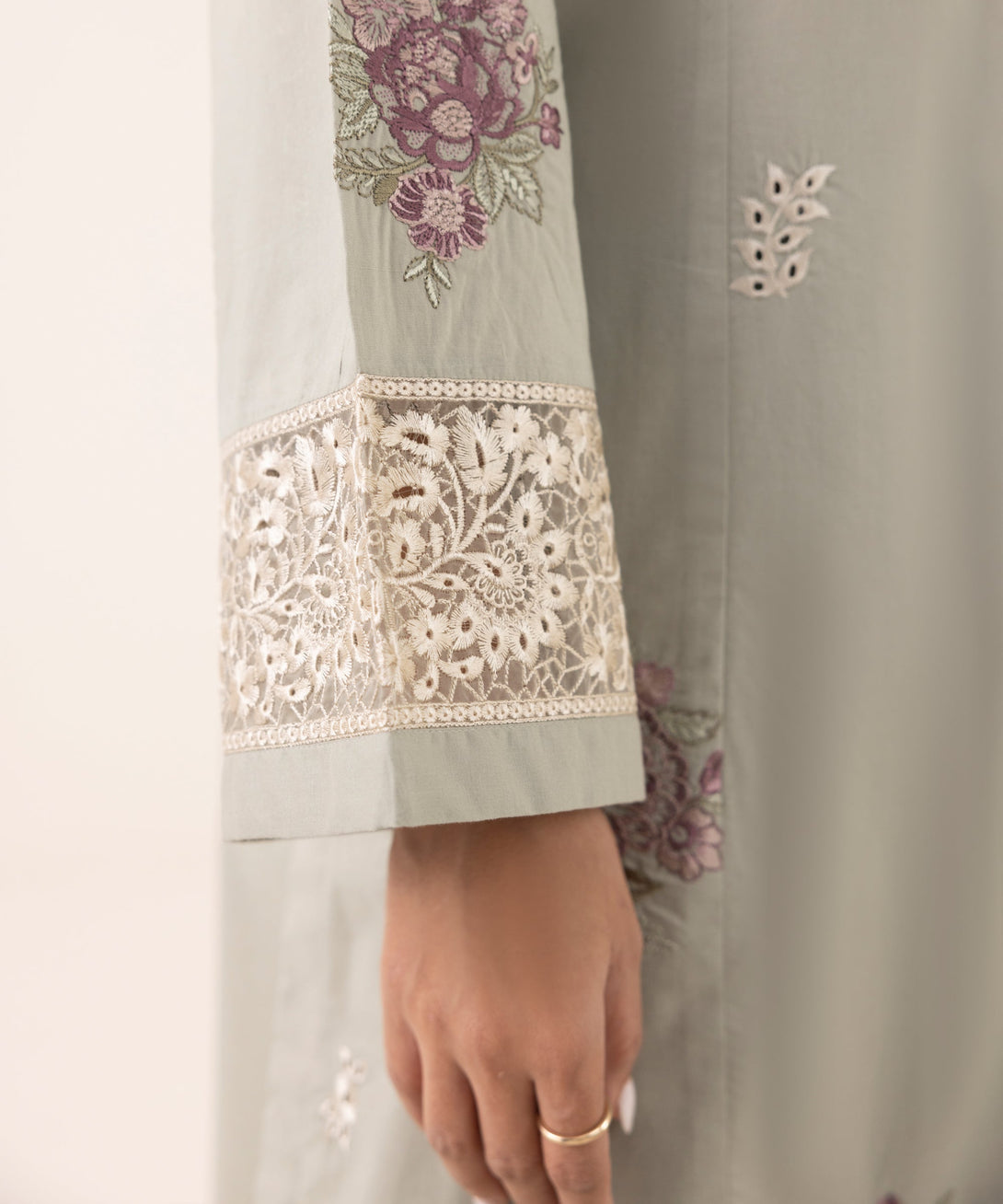 Women's RTW Cambric Grey Embroidered A-Line Shirt