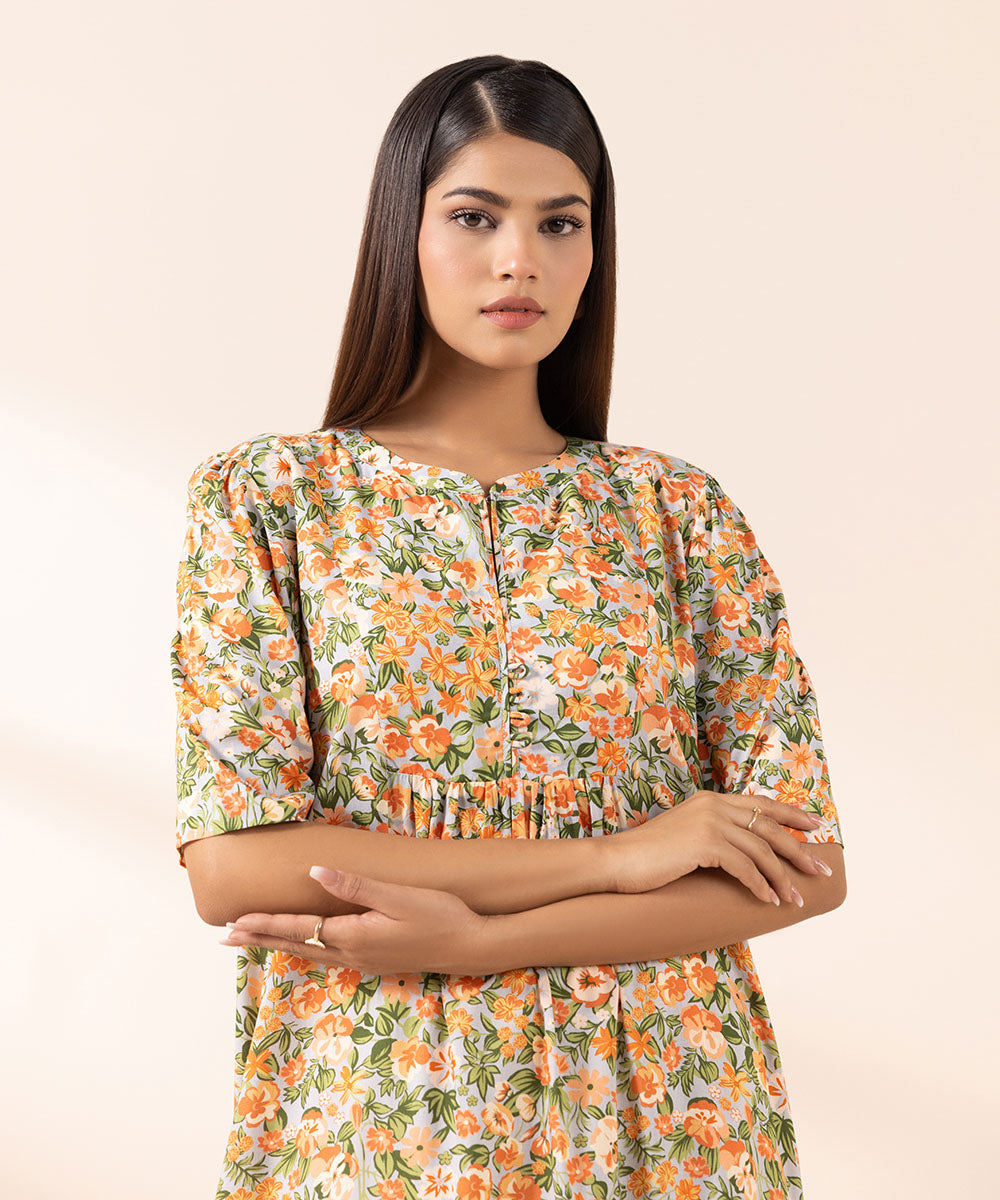 Women's Pret Arabic Lawn Orange Printed A-Line Shirt