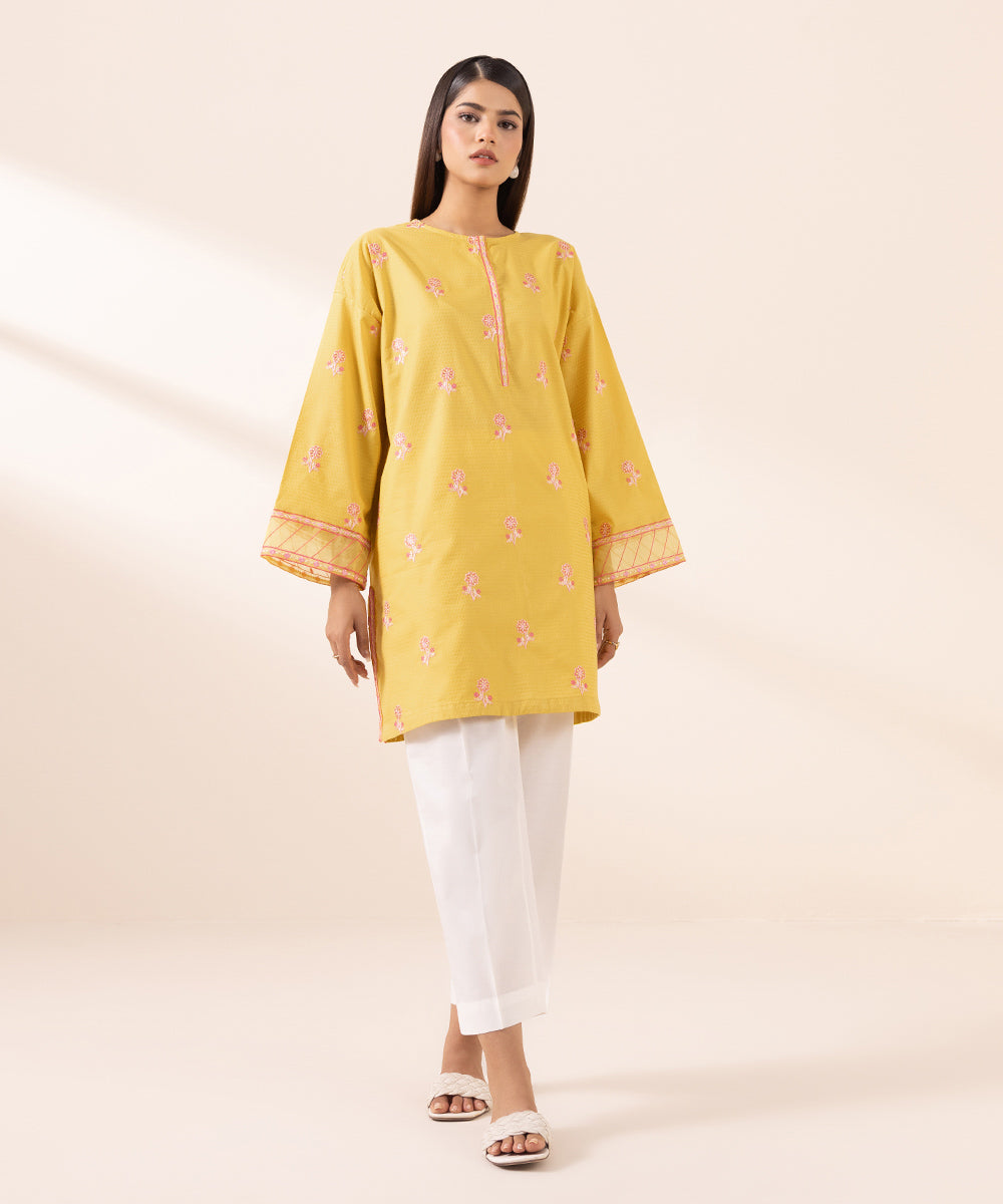 Women's Pret Dobby Yellow Embroidered Boxy Shirt