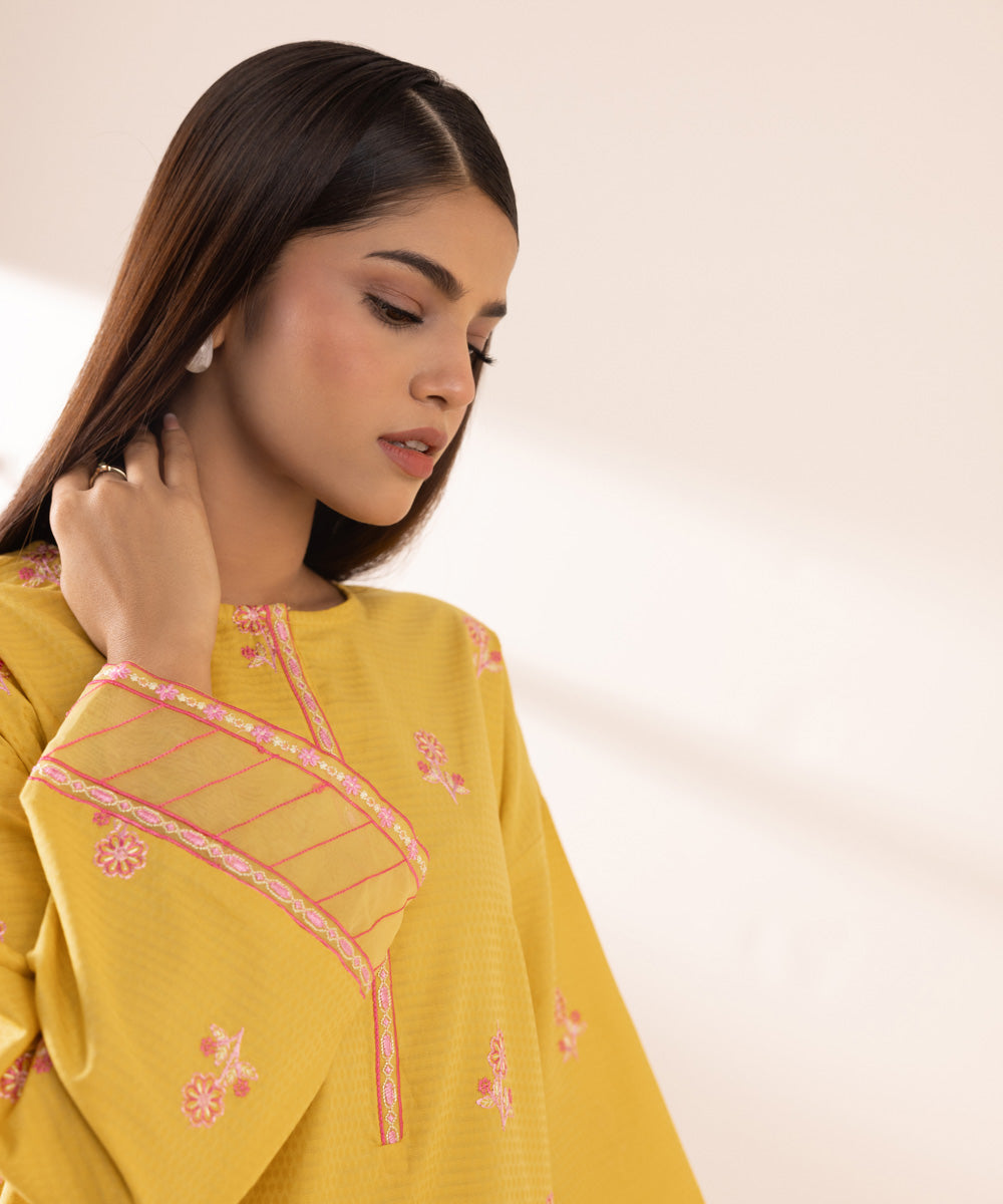 Women's Pret Dobby Yellow Embroidered Boxy Shirt