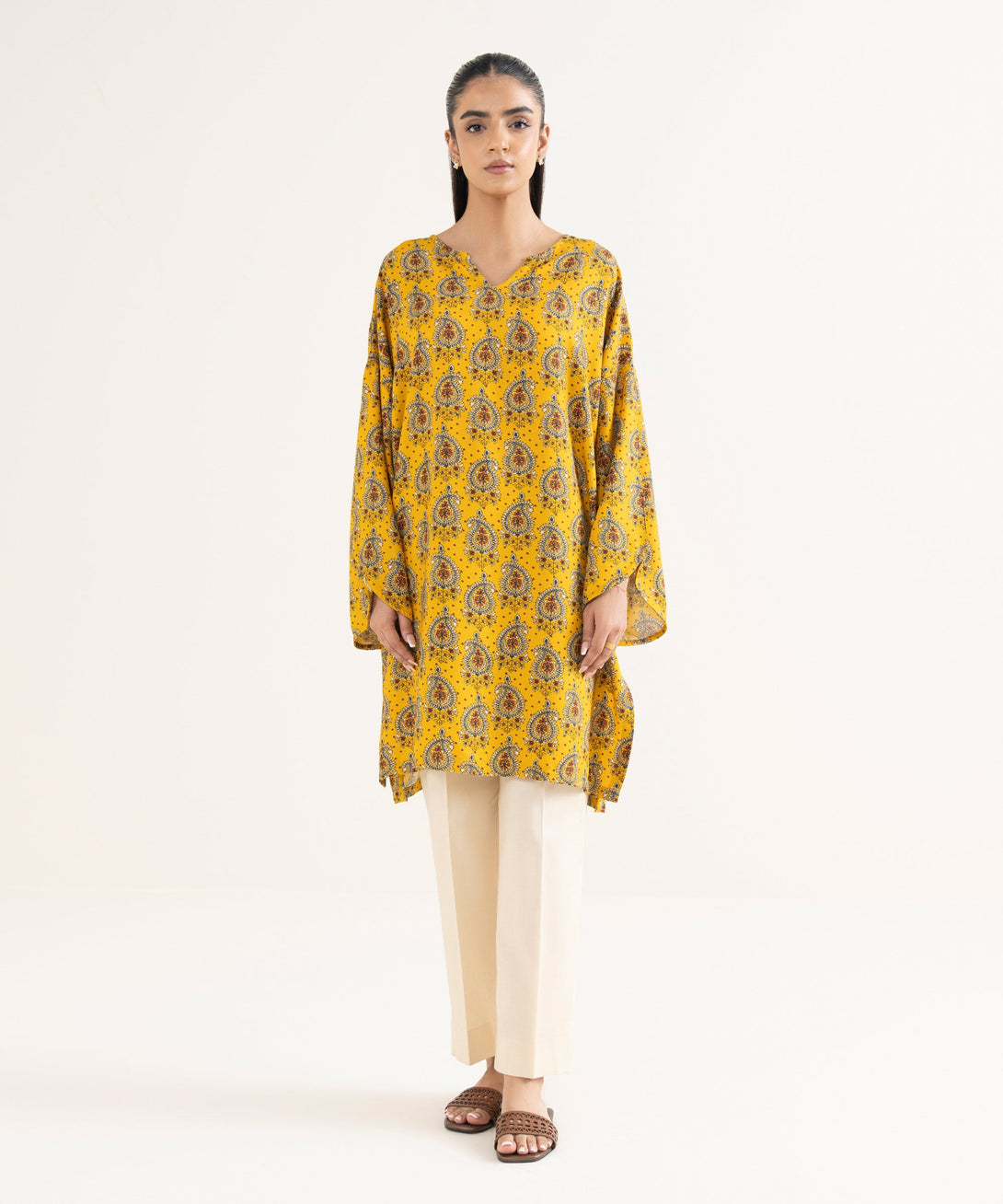 Women's RTW Textured Viscose Printed Drop Shoulder Yellow Shirt