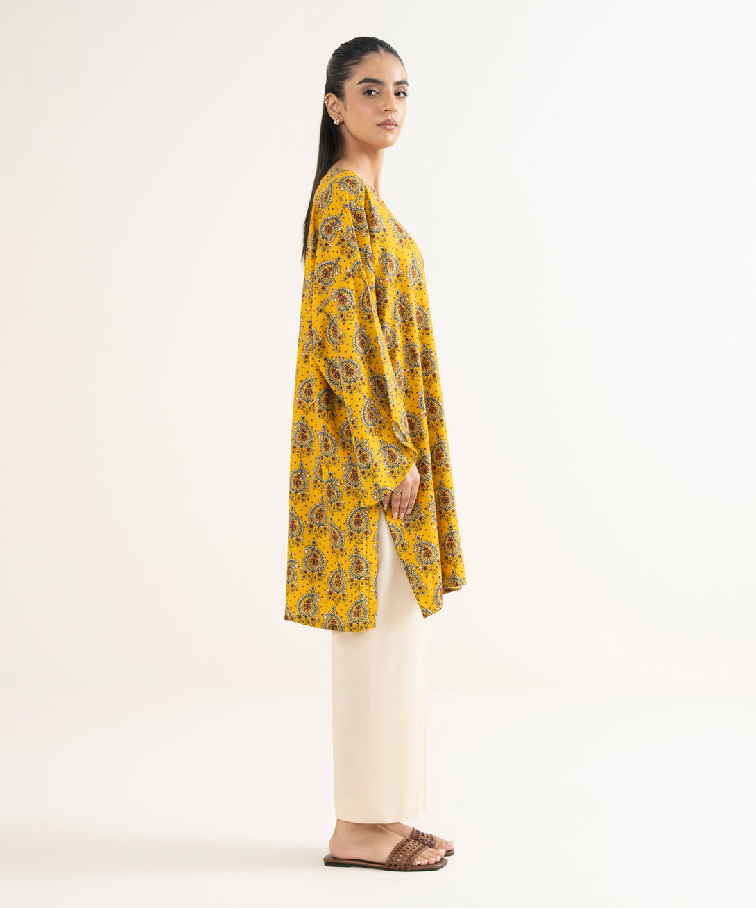 Women's RTW Textured Viscose Printed Drop Shoulder Yellow Shirt