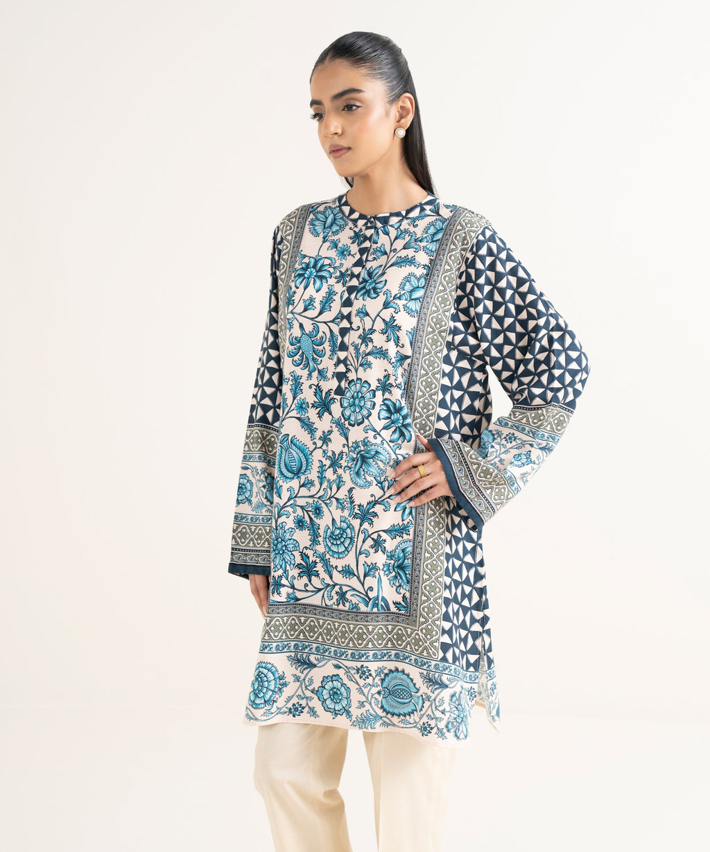 Women's RTW Textured Viscose Printed Drop Shoulder Blue Shirt
