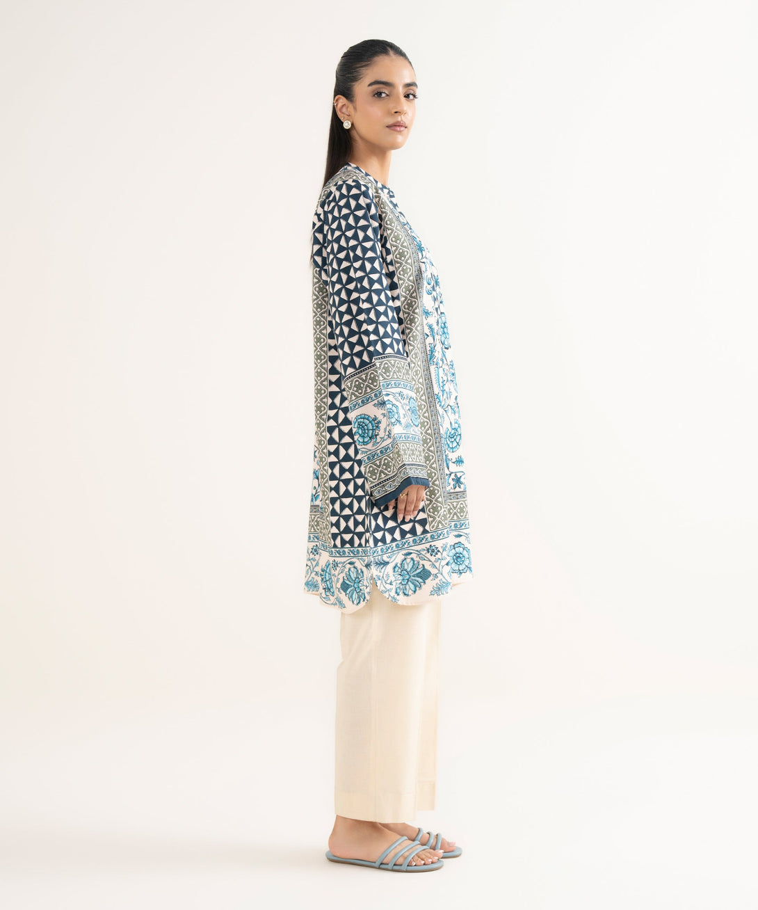 Women's RTW Textured Viscose Printed Drop Shoulder Blue Shirt