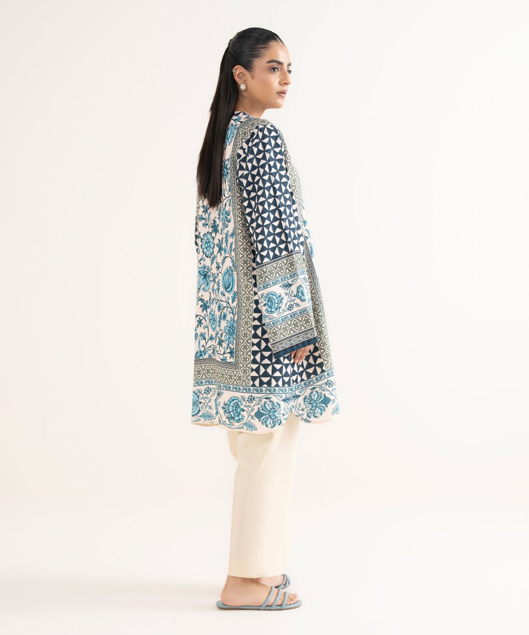 Women's RTW Textured Viscose Printed Drop Shoulder Blue Shirt