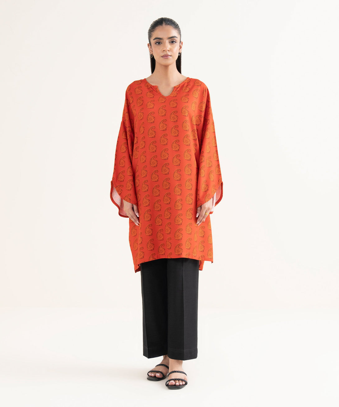 Women's RTW Textured Viscose Printed Drop Shoulder Orange Shirt