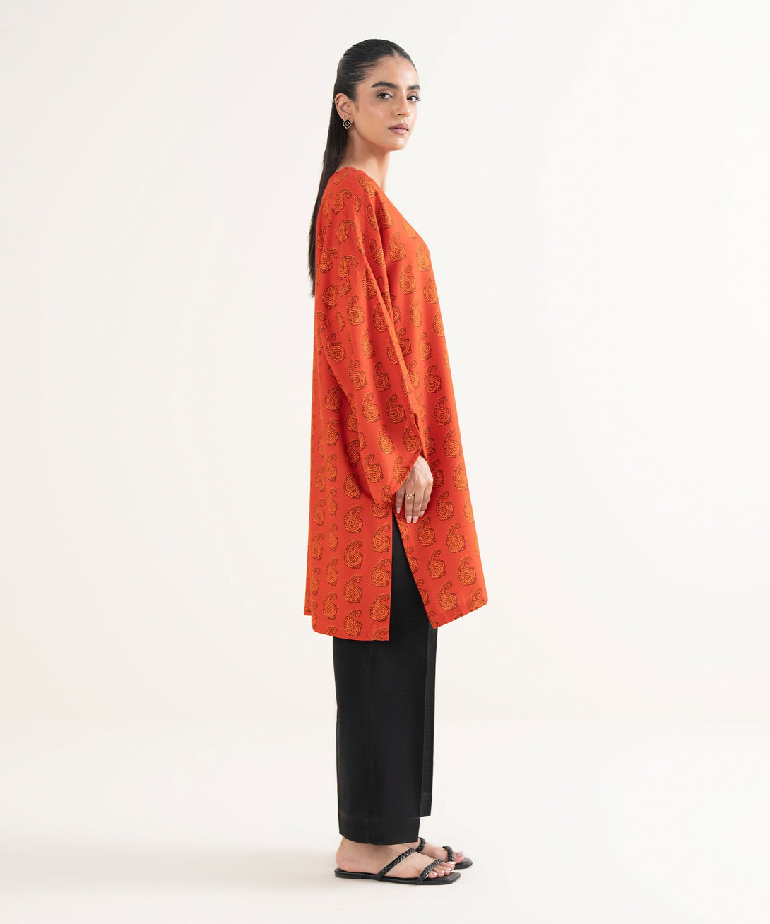 Women's RTW Textured Viscose Printed Drop Shoulder Orange Shirt