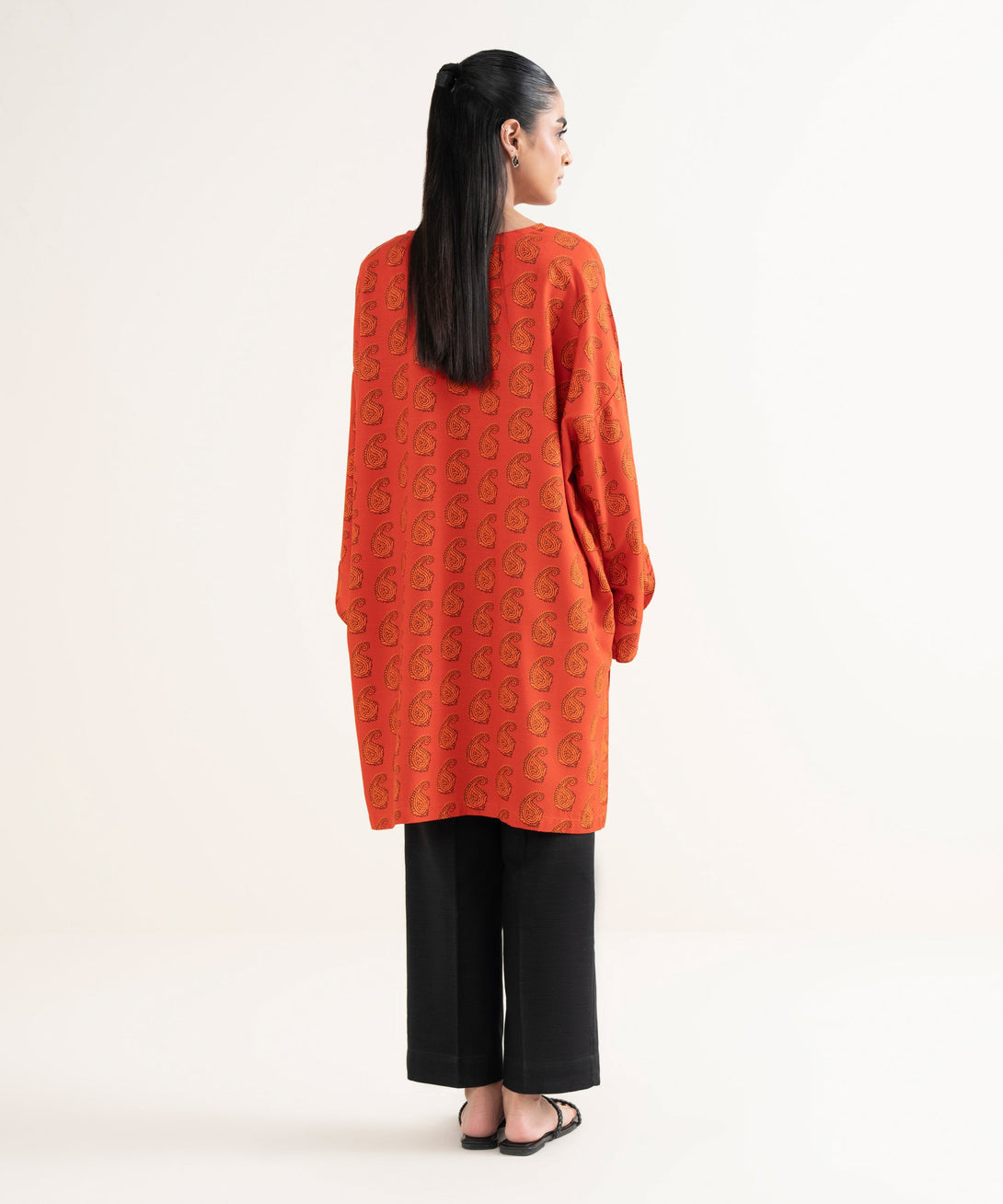 Women's RTW Textured Viscose Printed Drop Shoulder Orange Shirt