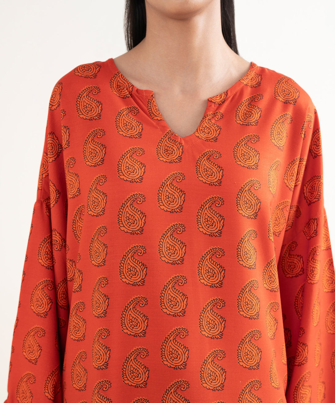Women's RTW Textured Viscose Printed Drop Shoulder Orange Shirt