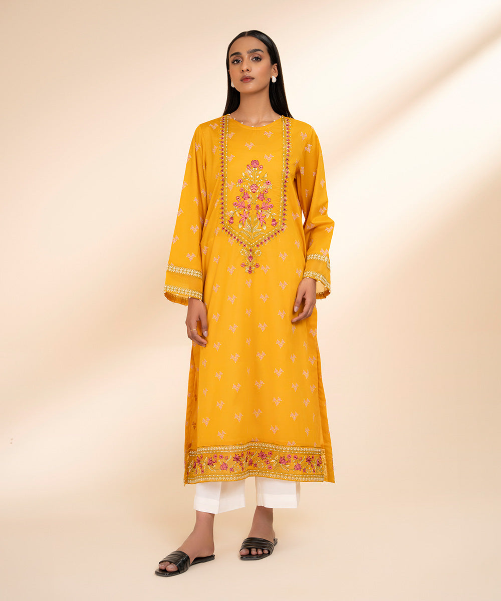 Women's Pret Lawn Yellow Printed Embroidered A-Line Shirt