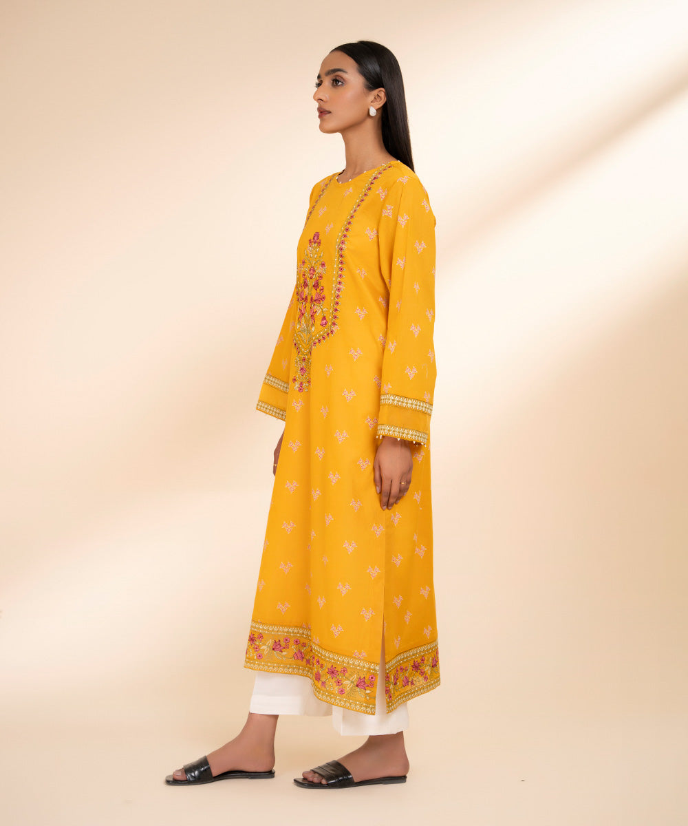 Women's Pret Lawn Yellow Printed Embroidered A-Line Shirt