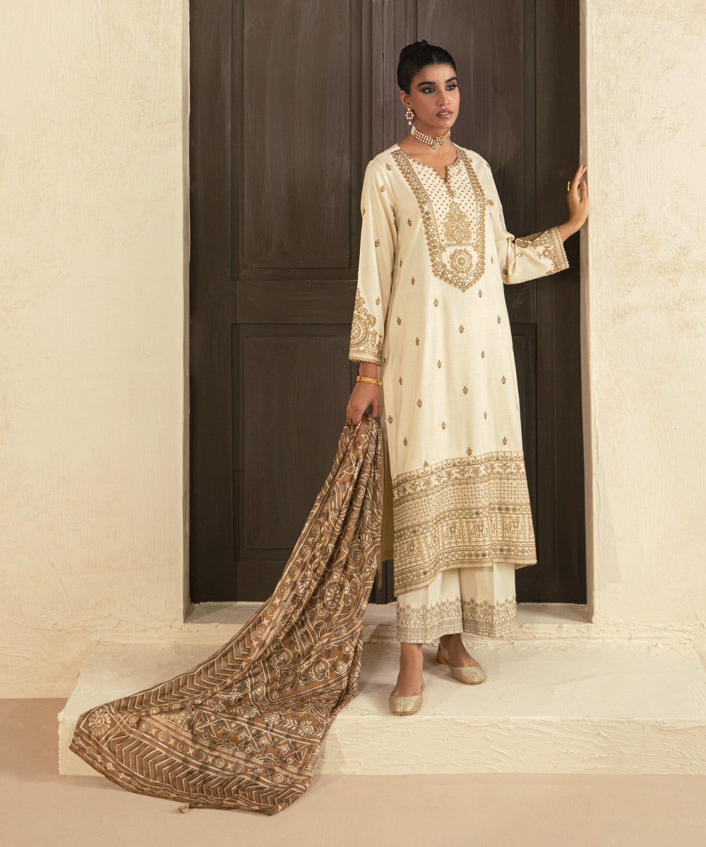 Women's Pret Raw Silk Embroidered Beige A-Line Shirt