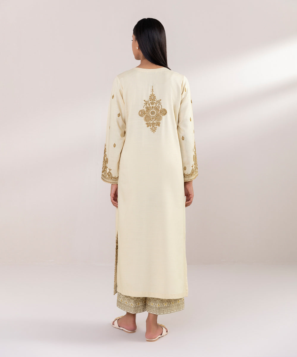 Women's Pret Raw Silk Embroidered Beige A-Line Shirt