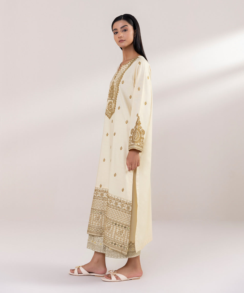 Women's Pret Raw Silk Embroidered Beige A-Line Shirt