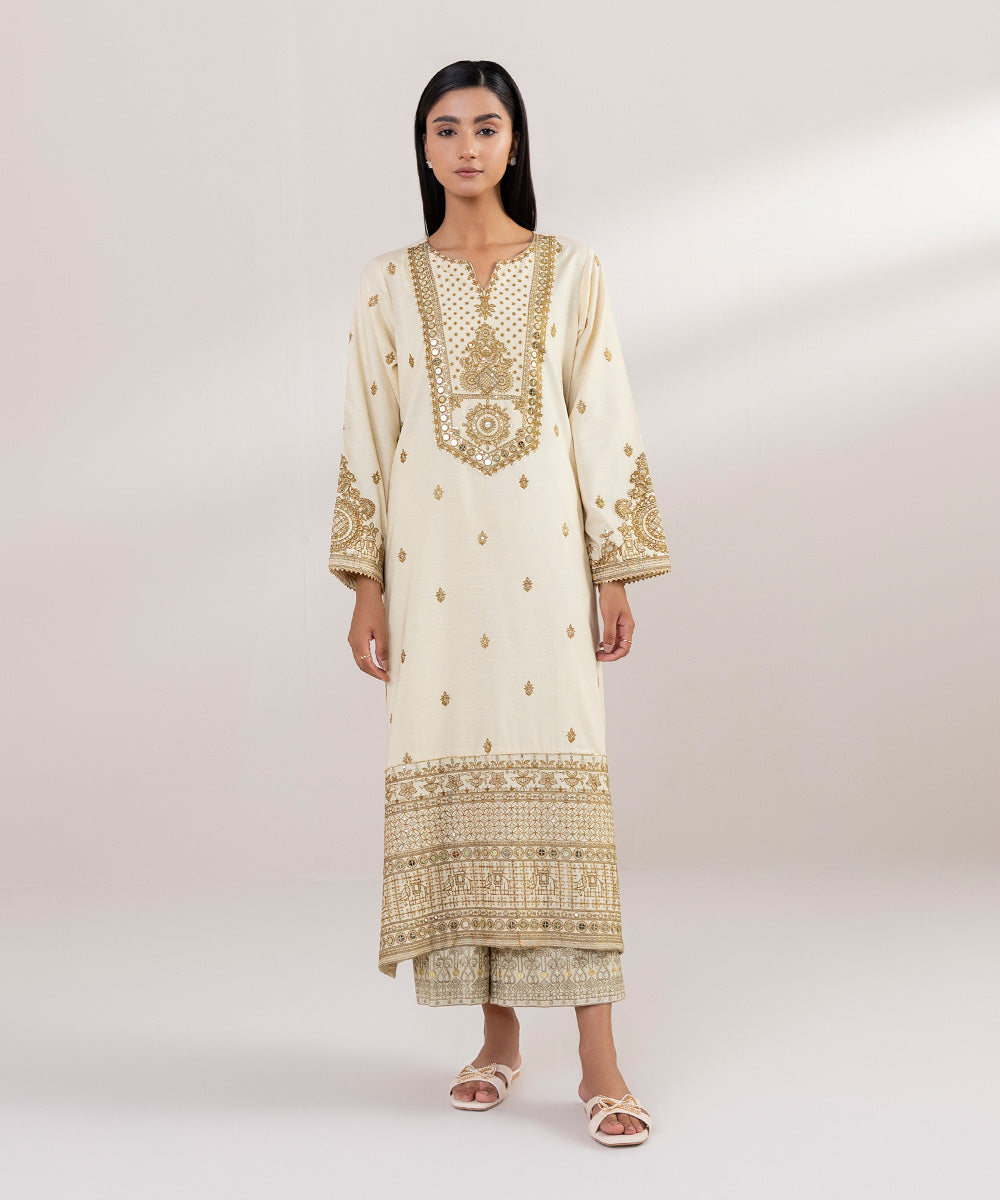 Women's Pret Raw Silk Embroidered Beige A-Line Shirt