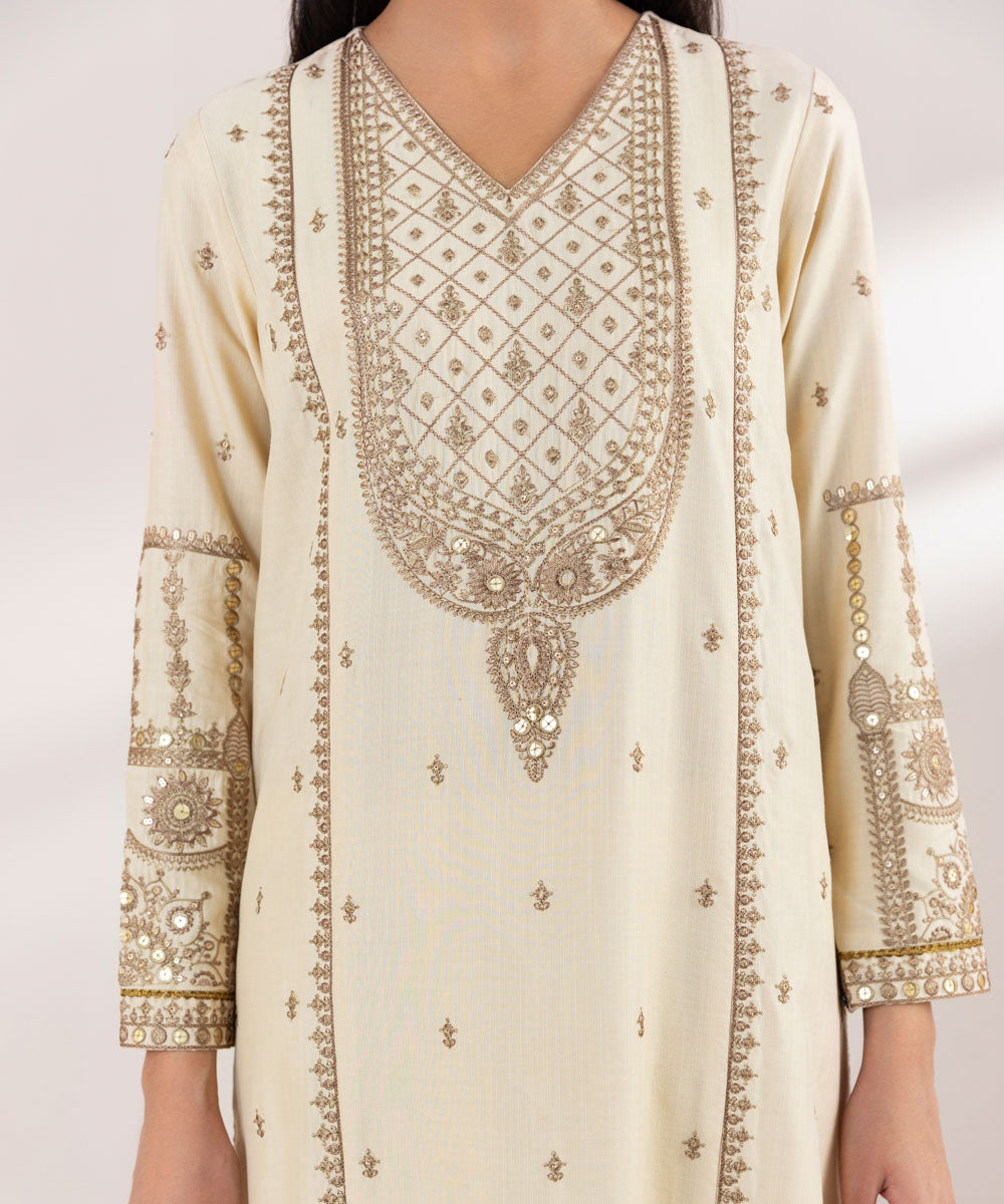 Women's Pret Raw Silk Embroidered Beige Straight Shirt