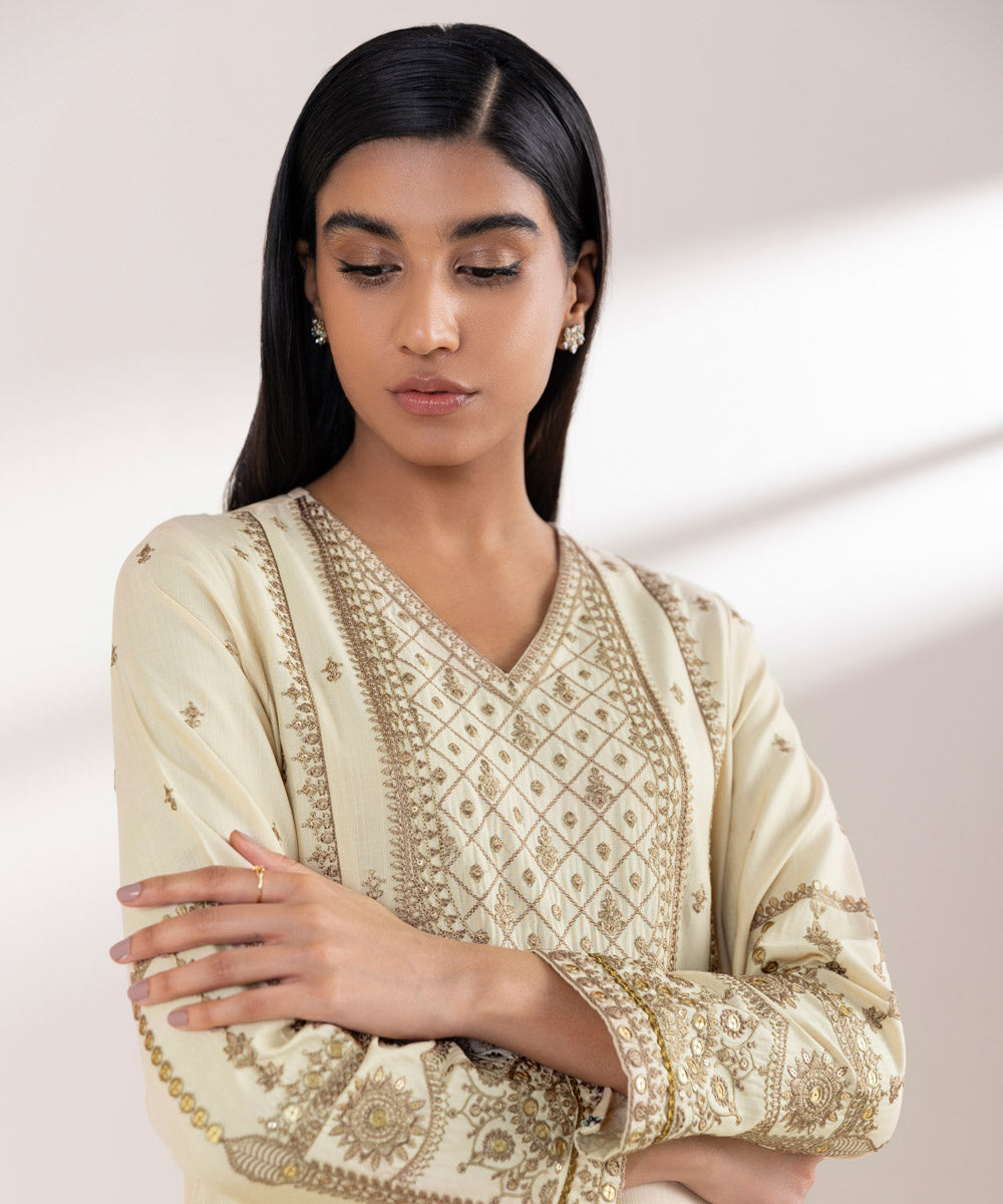 Women's Pret Raw Silk Embroidered Beige Straight Shirt