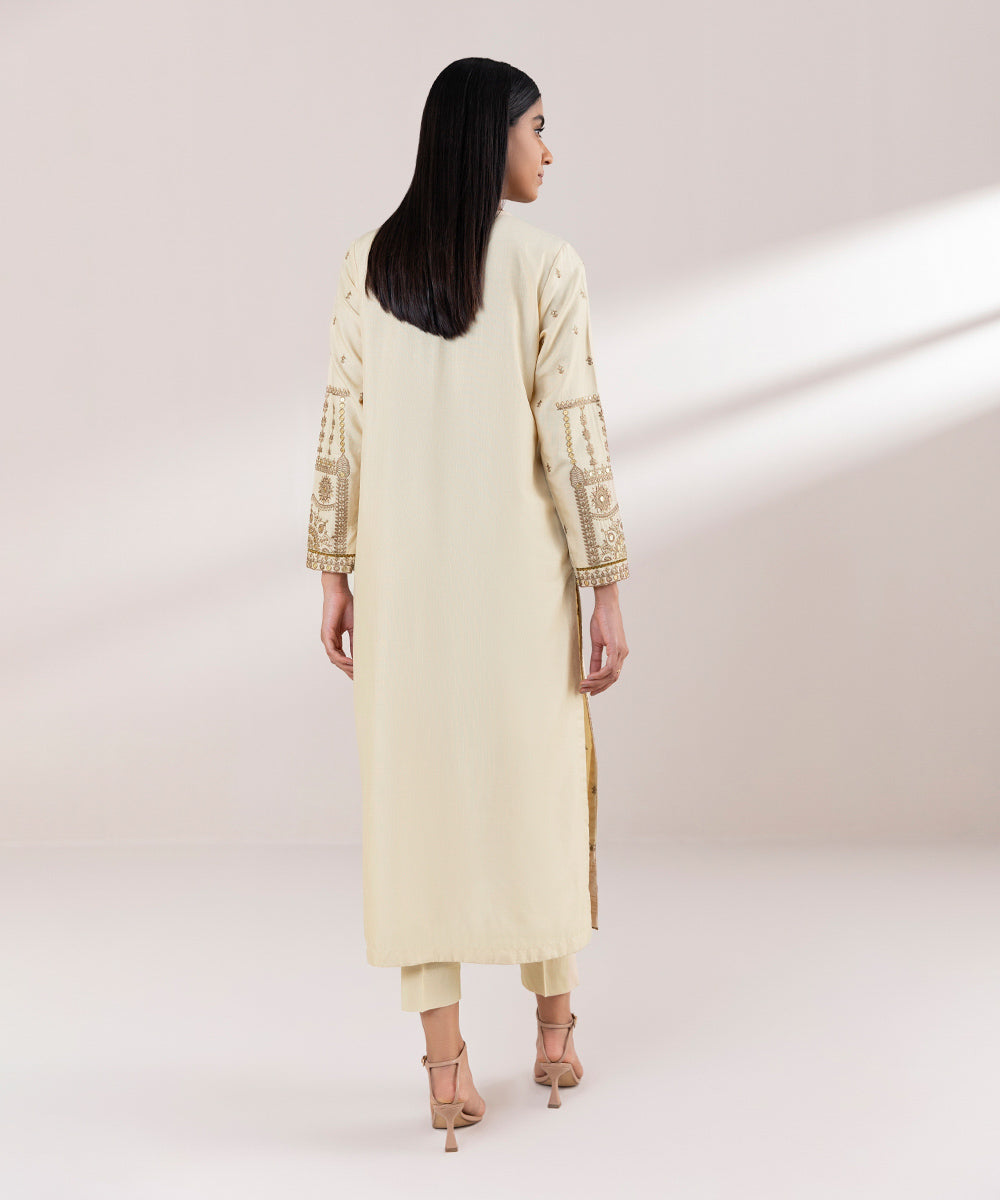 Women's Pret Raw Silk Embroidered Beige Straight Shirt