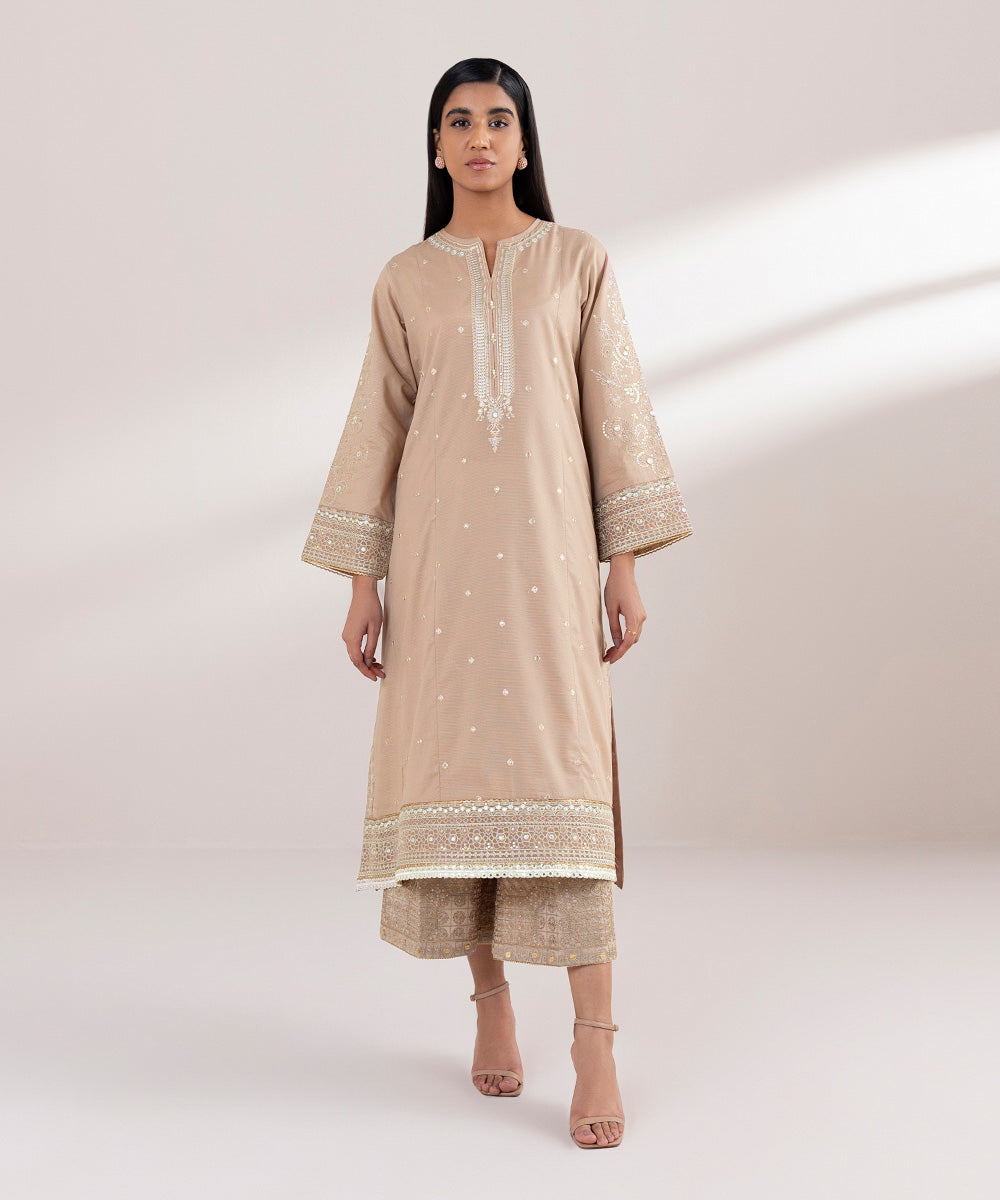 Women's Pret Zari Lawn Embroidered Brown A-Line Shirt