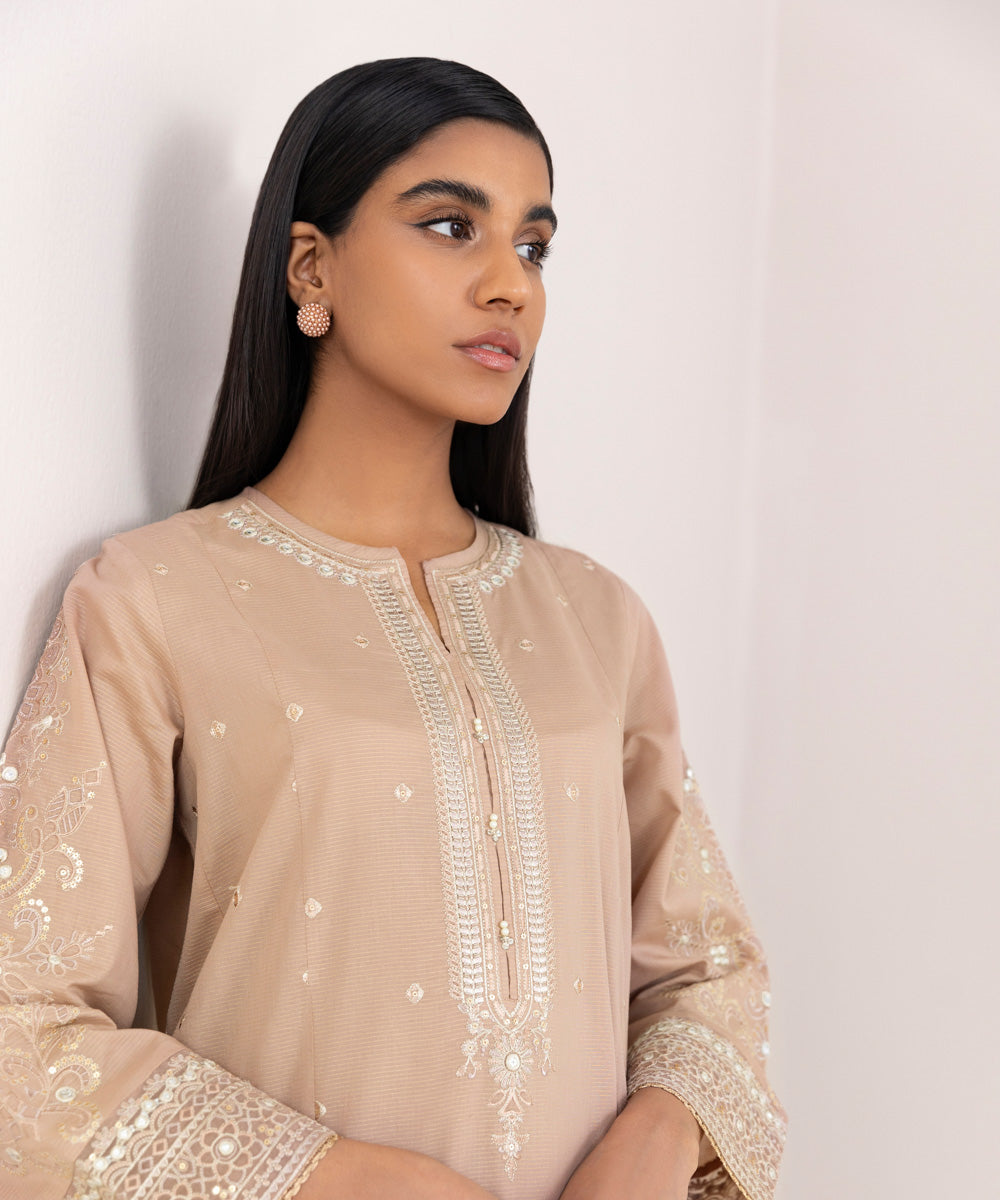 Women's Pret Zari Lawn Embroidered Brown A-Line Shirt