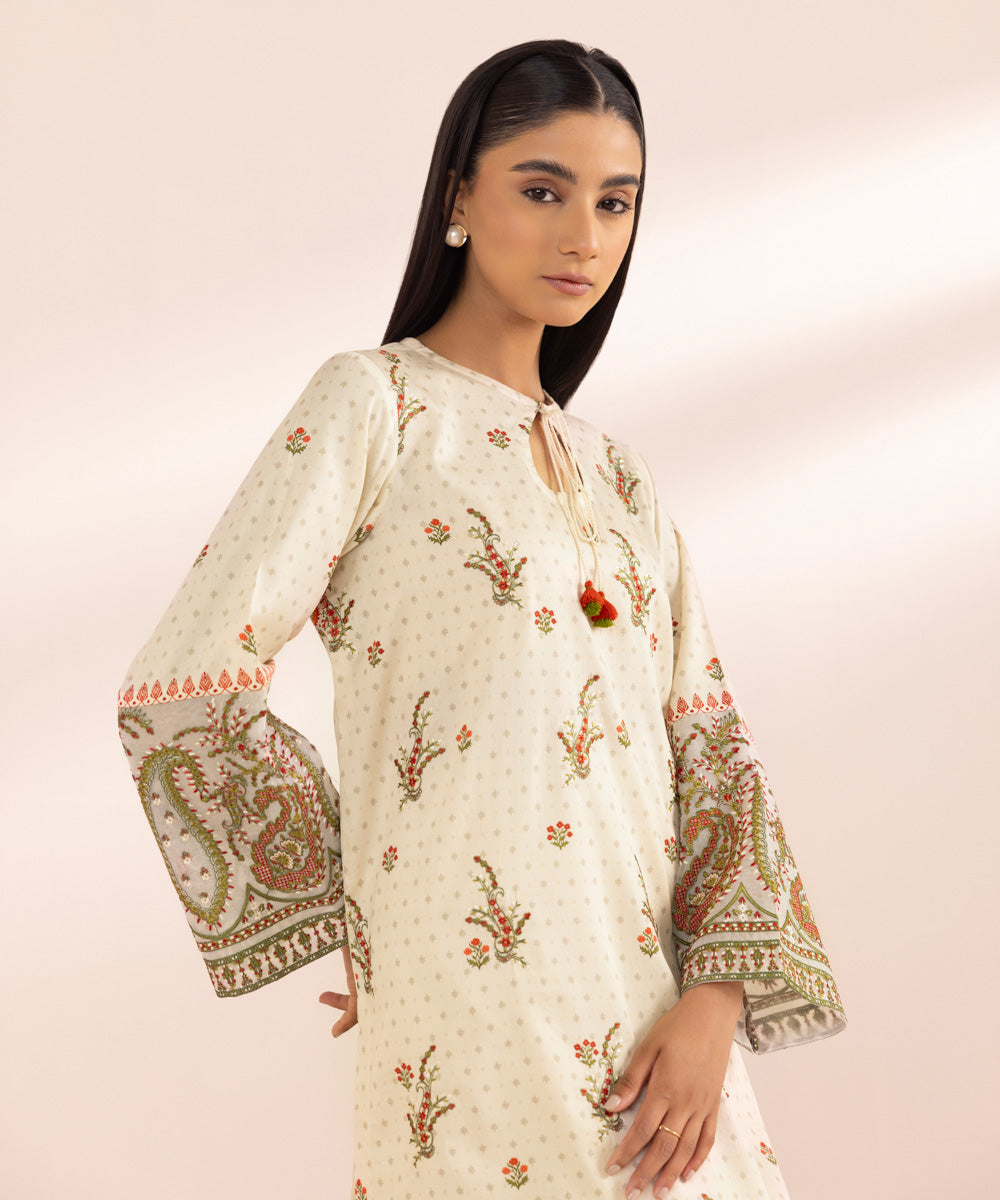 Women's Pret Luxury Satin Off White Printed Embroidered Straight Shirt