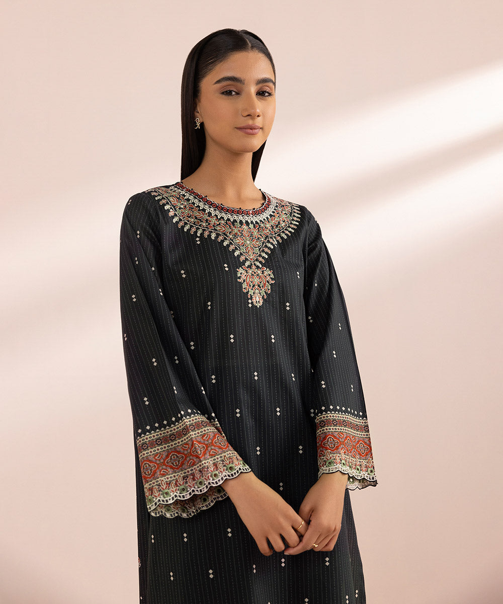 Women's Pret Lawn Black Printed Embroidered A-Line Shirt