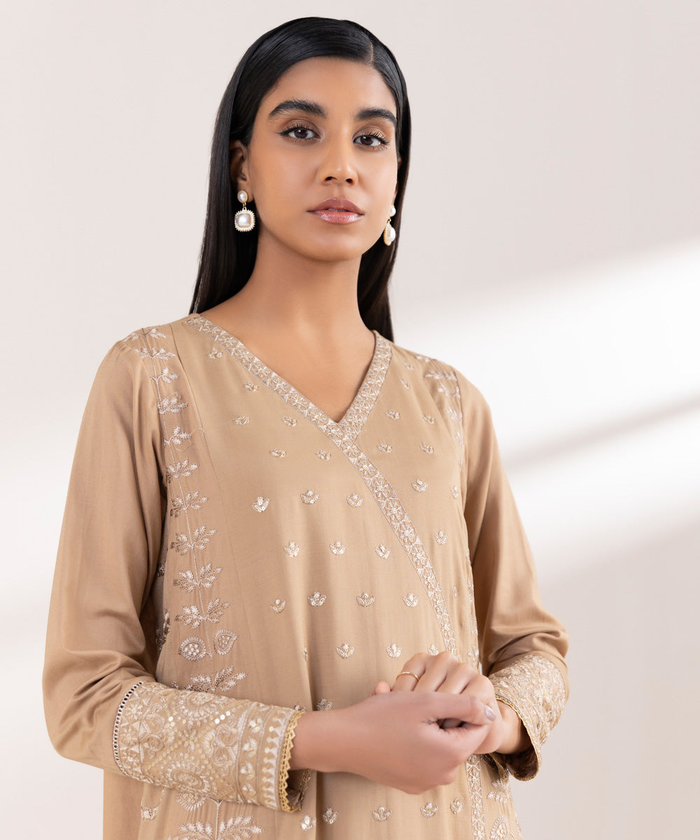 Women's Pret Raw Silk Embroidered Brown A-Line Shirt