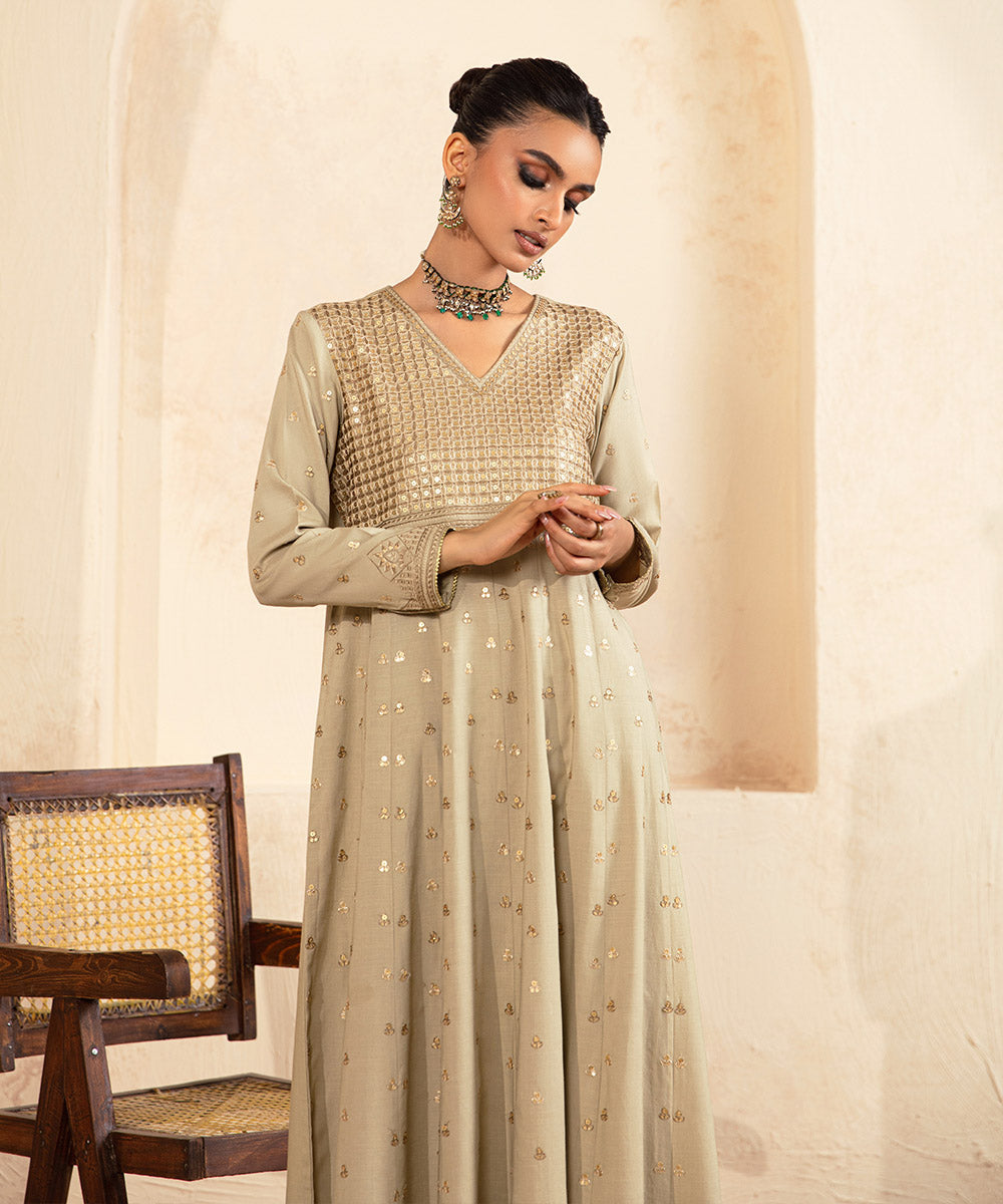 Women's Pret Raw Silk Embroidered Beige Pishwas