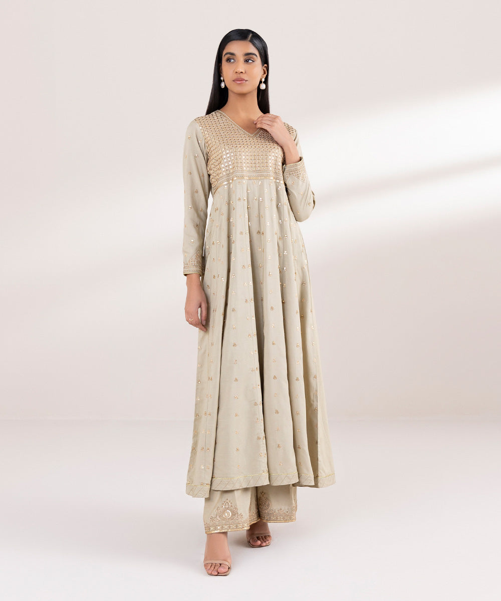 Women's Pret Raw Silk Embroidered Beige Pishwas