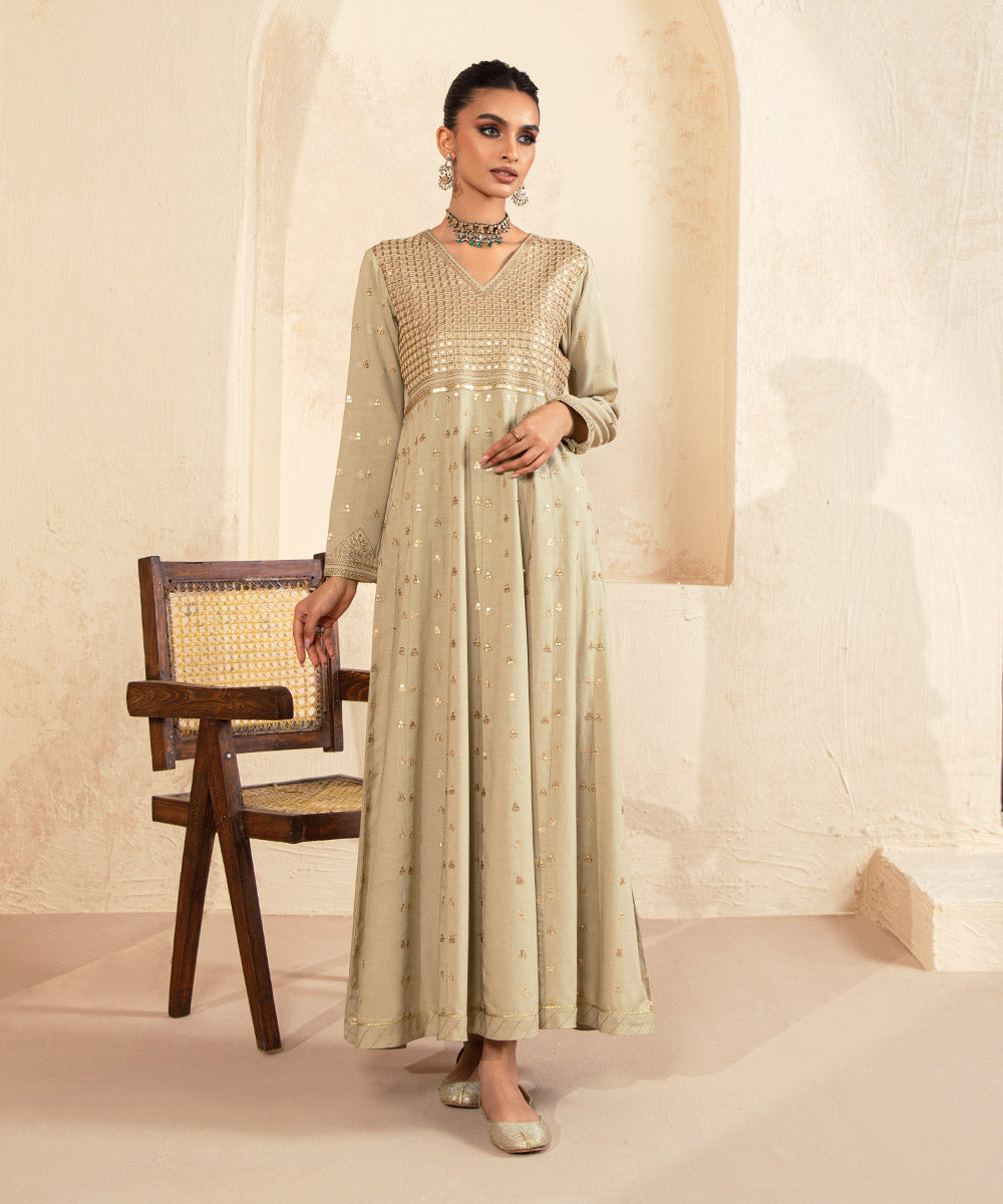 Women's Pret Raw Silk Embroidered Beige Pishwas