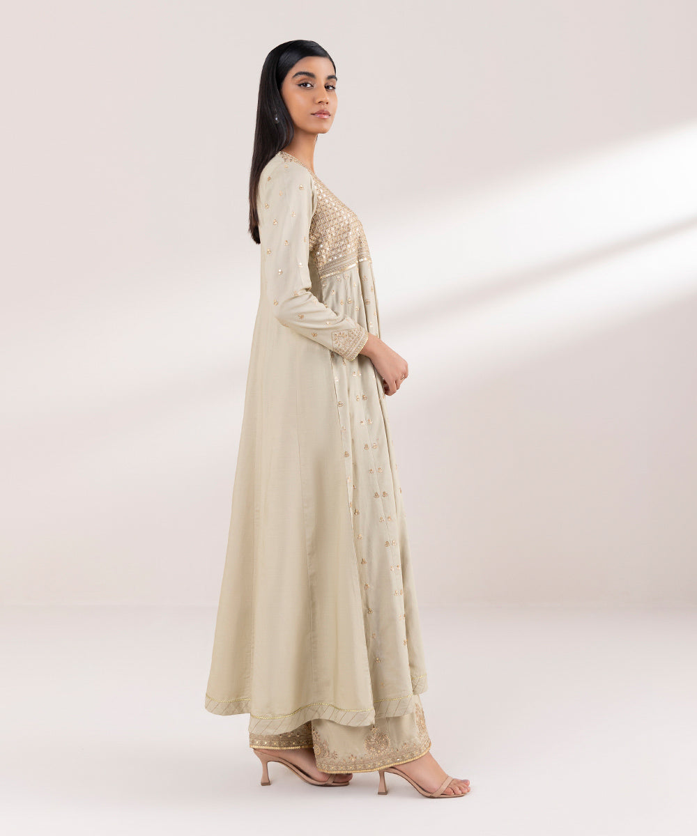 Women's Pret Raw Silk Embroidered Beige Pishwas